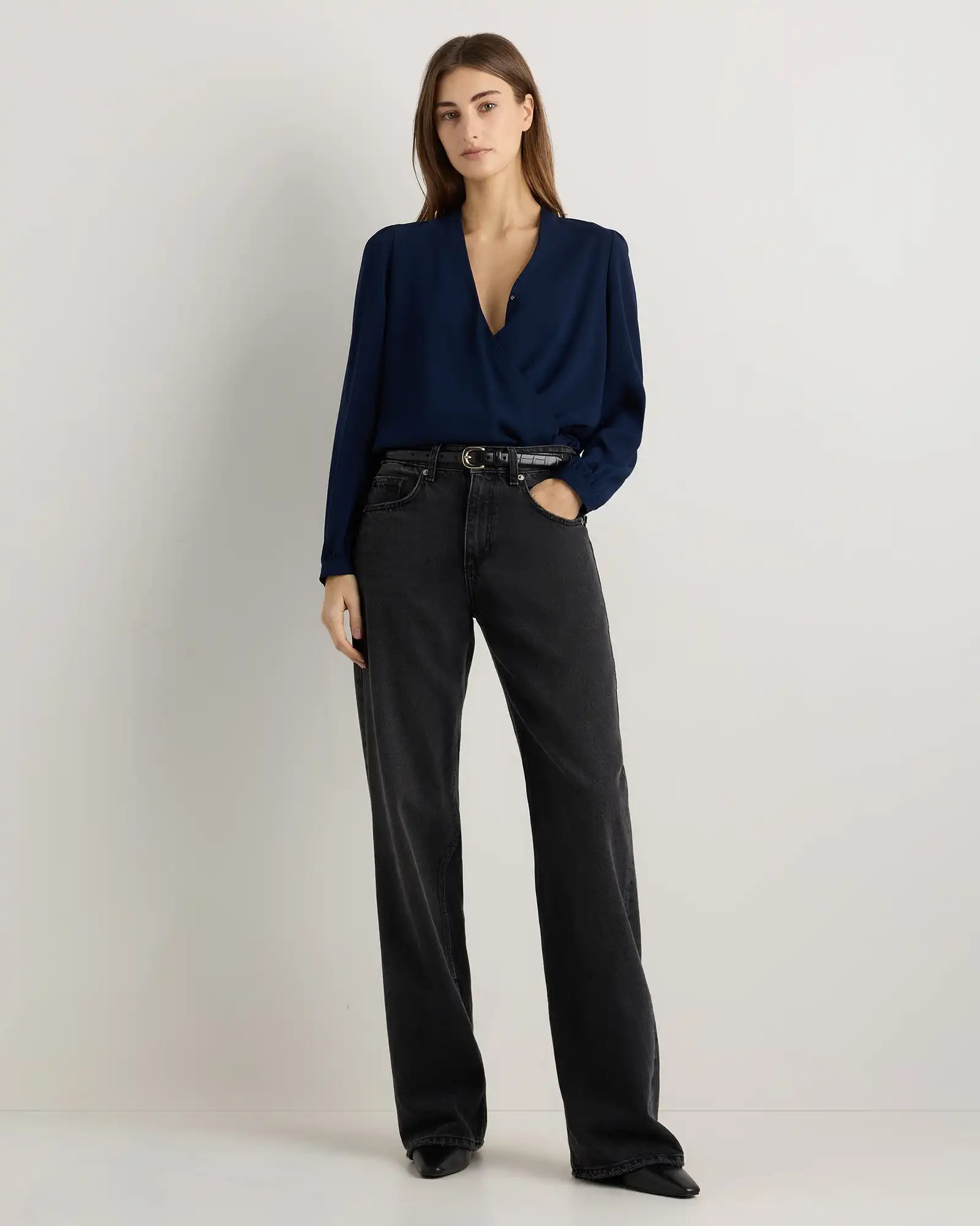 Fluid Crepe Surplice Long Sleeve Blouse