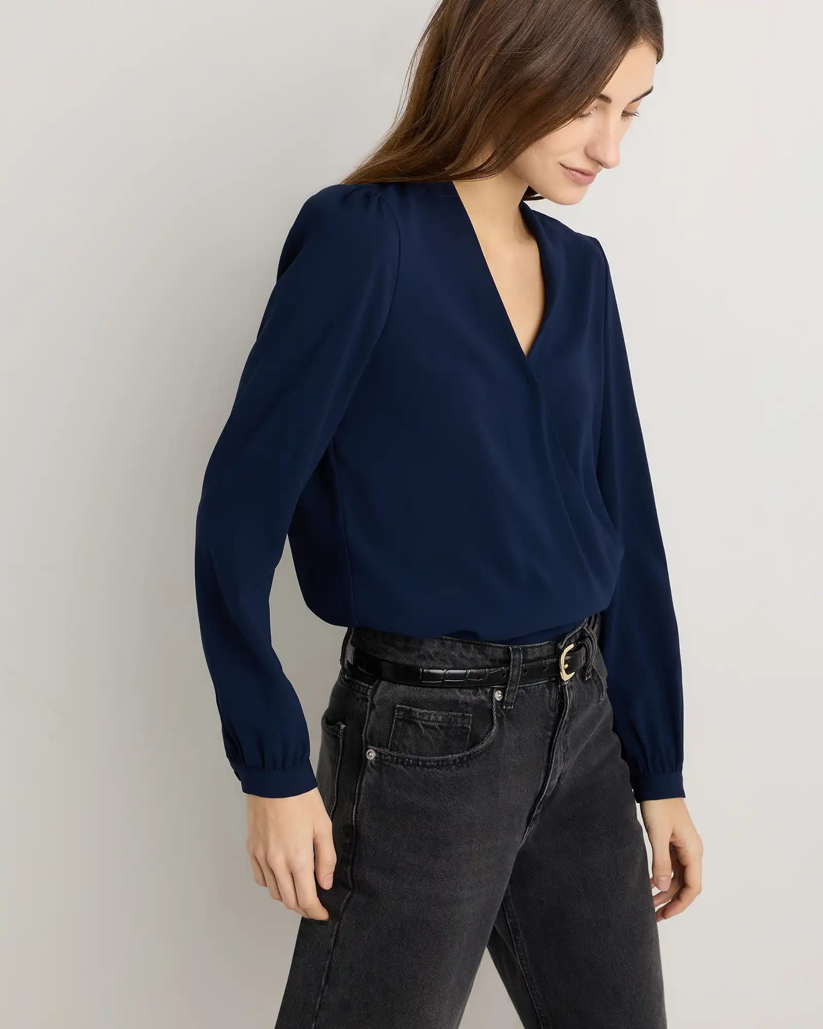 Fluid Crepe Surplice Long Sleeve Blouse