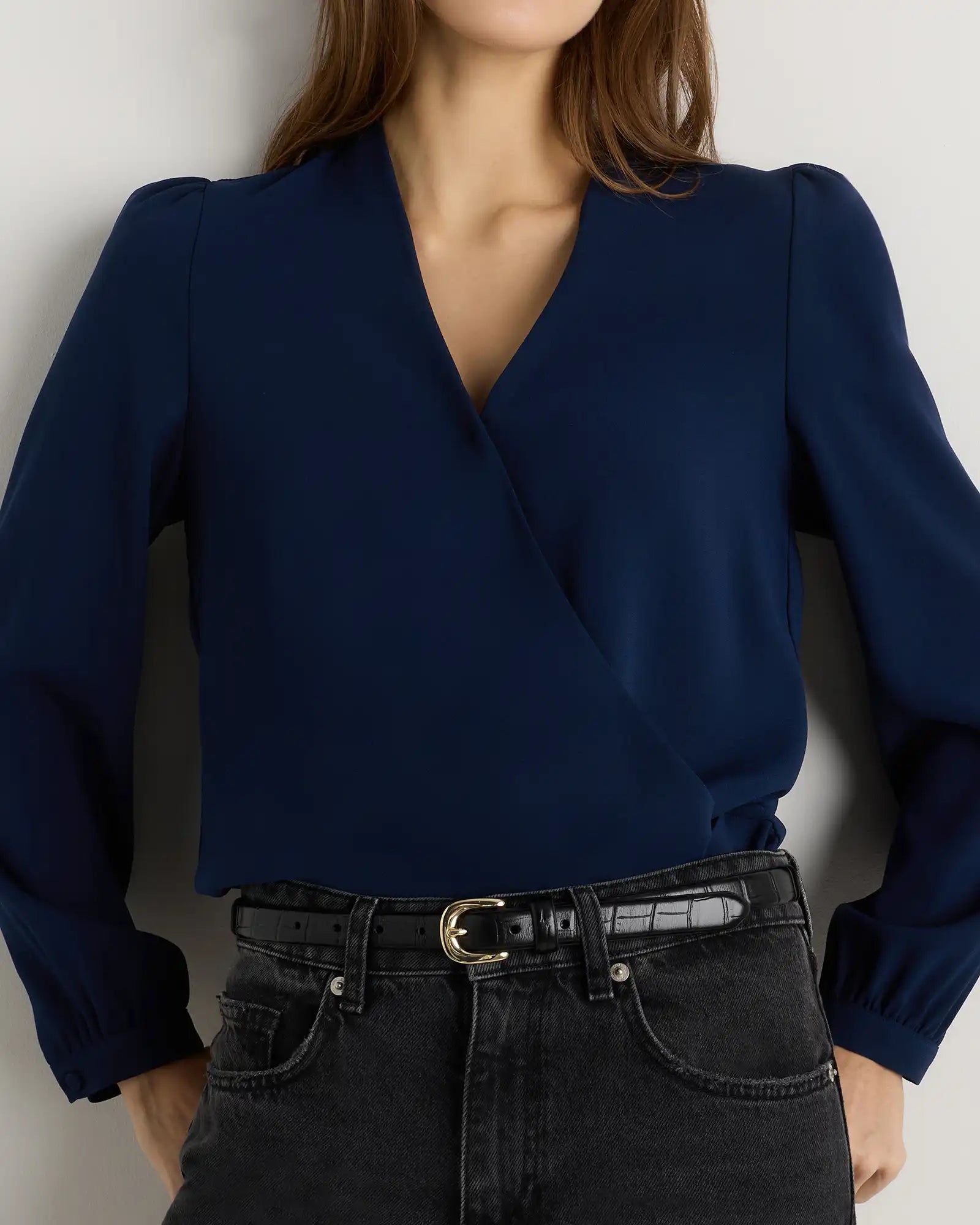 Fluid Crepe Surplice Long Sleeve Blouse