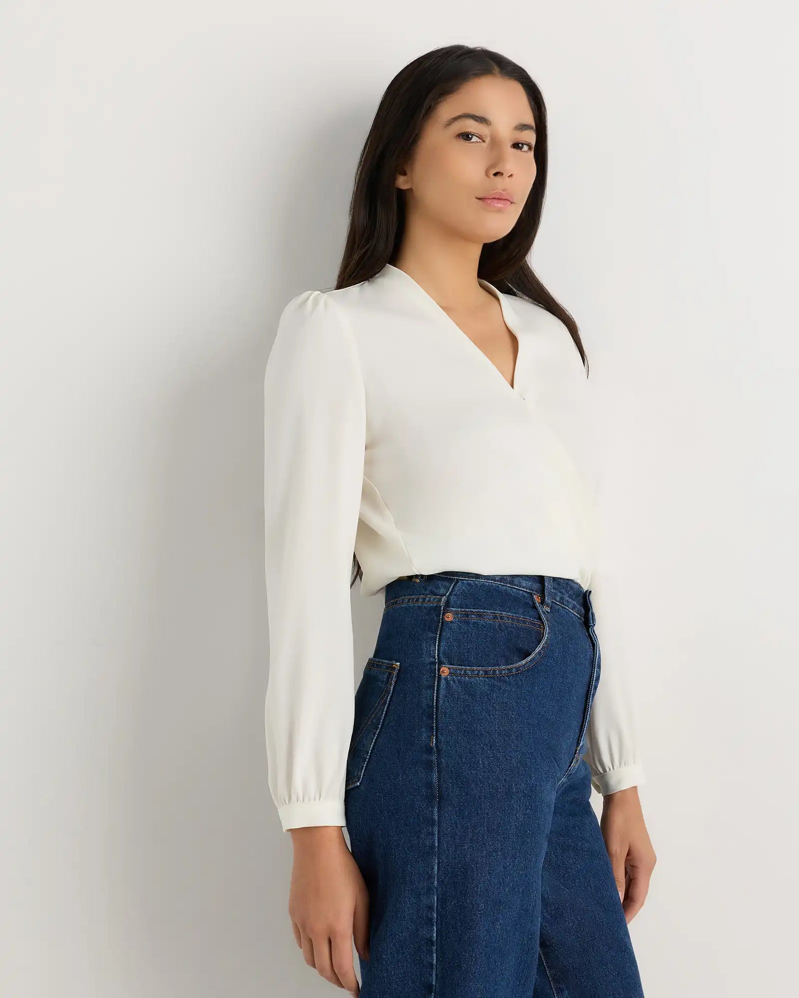Fluid Crepe Surplice Long Sleeve Blouse