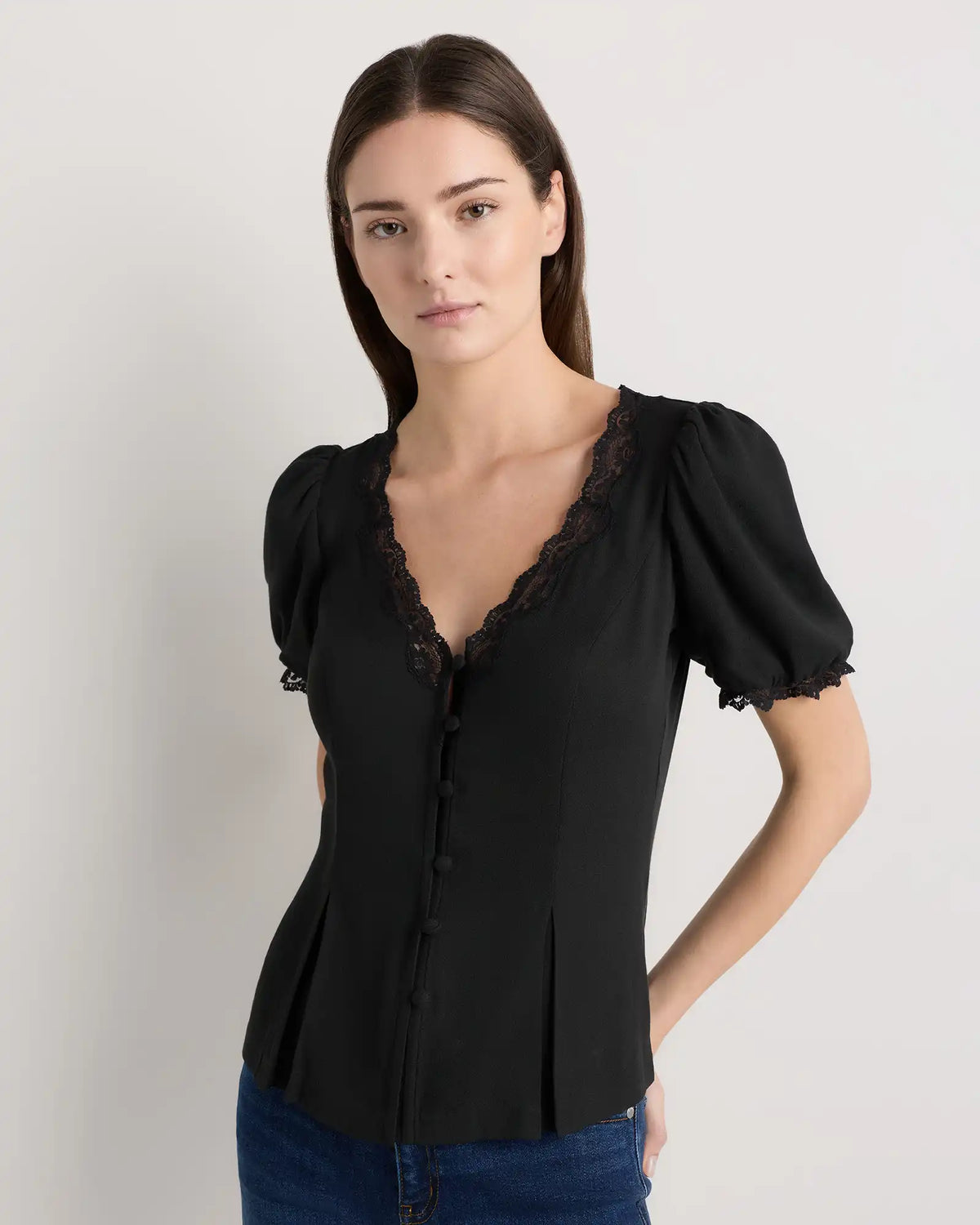 Lightweight Crepe Lace Puff Sleeve Blouse