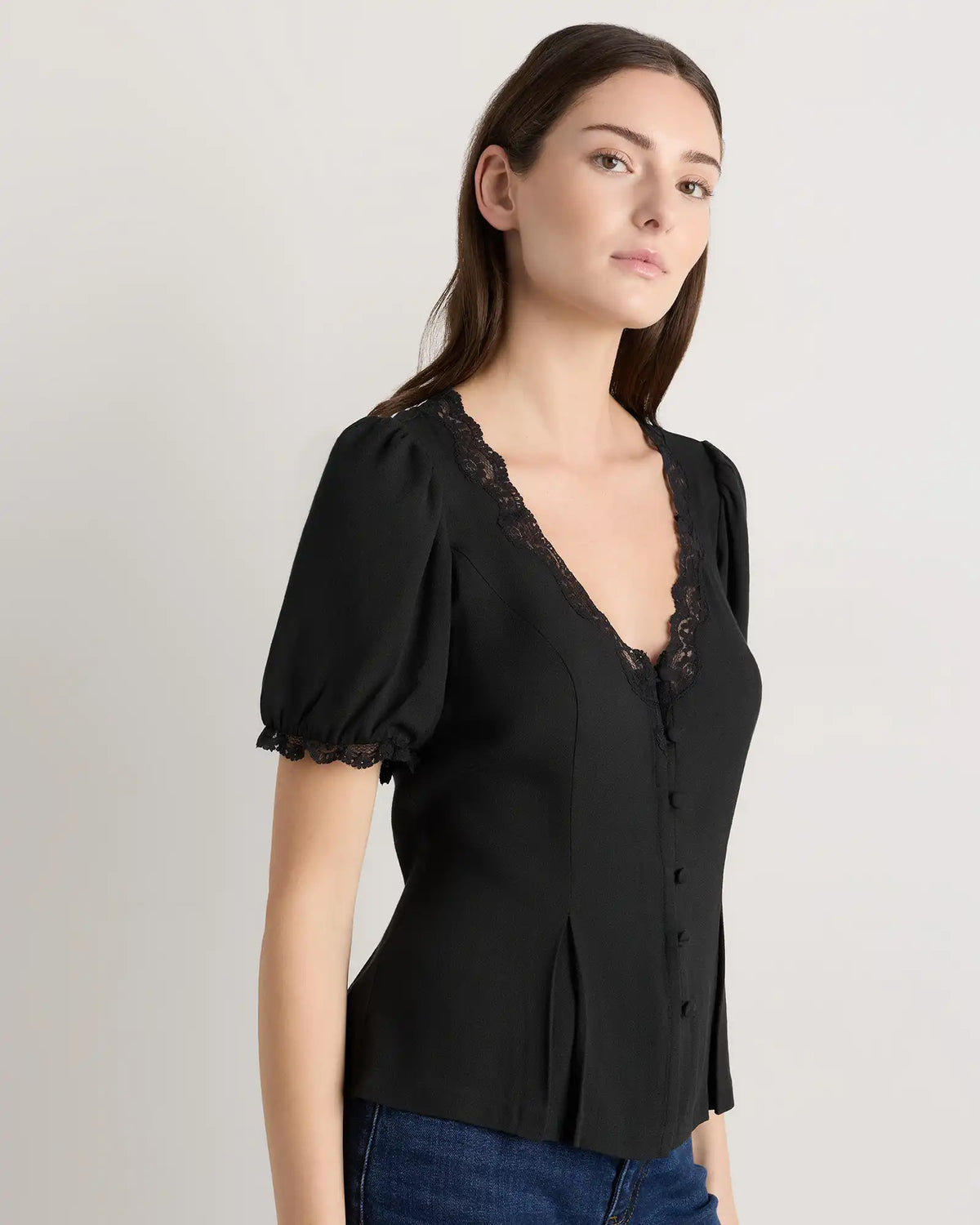 Lightweight Crepe Lace Puff Sleeve Blouse
