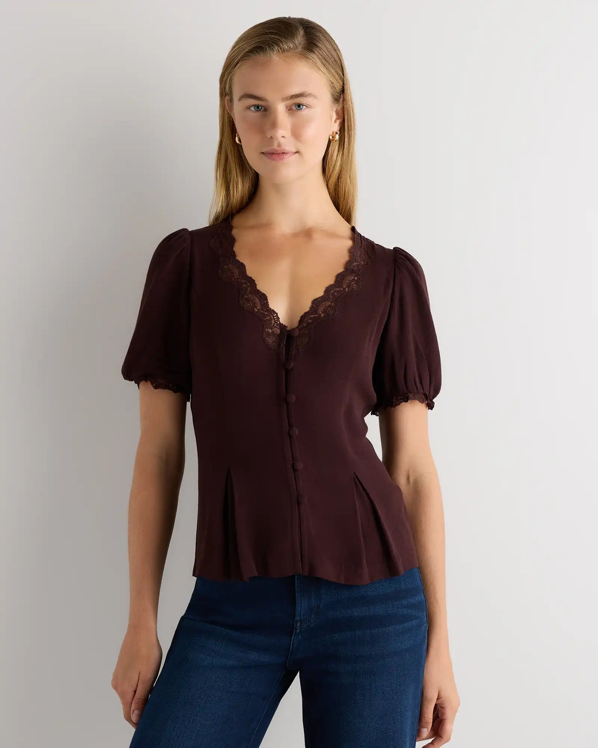 Lightweight Crepe Lace Puff Sleeve Blouse