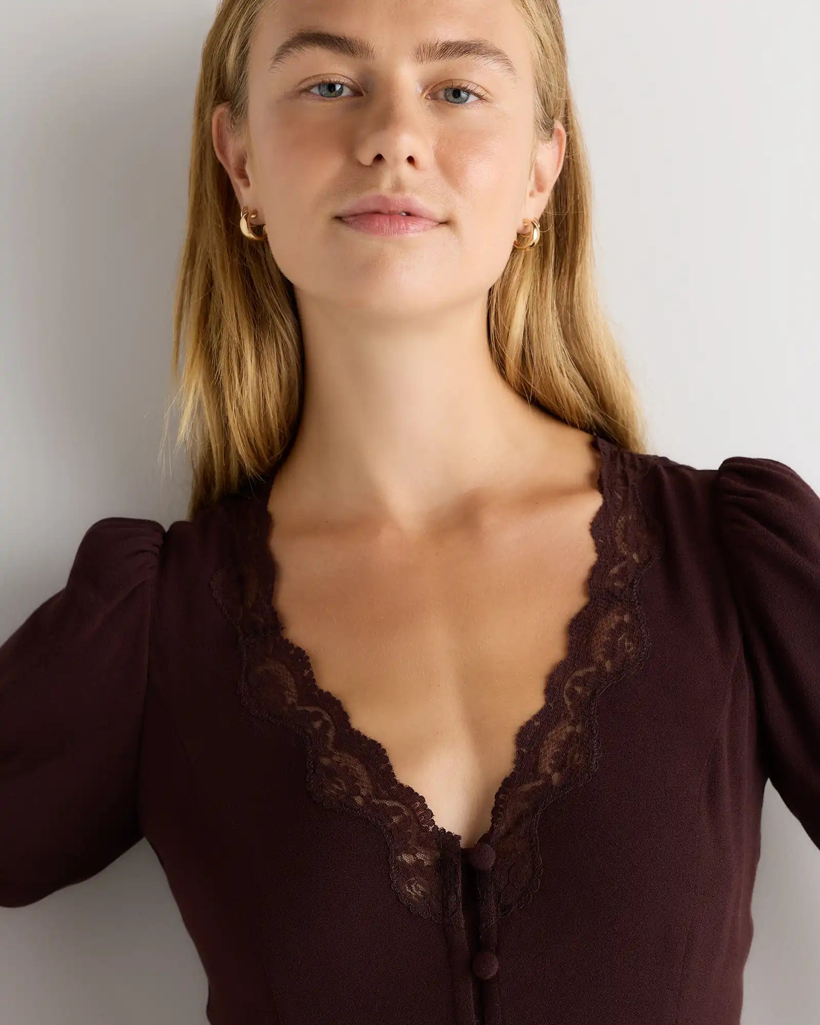 Lightweight Crepe Lace Puff Sleeve Blouse