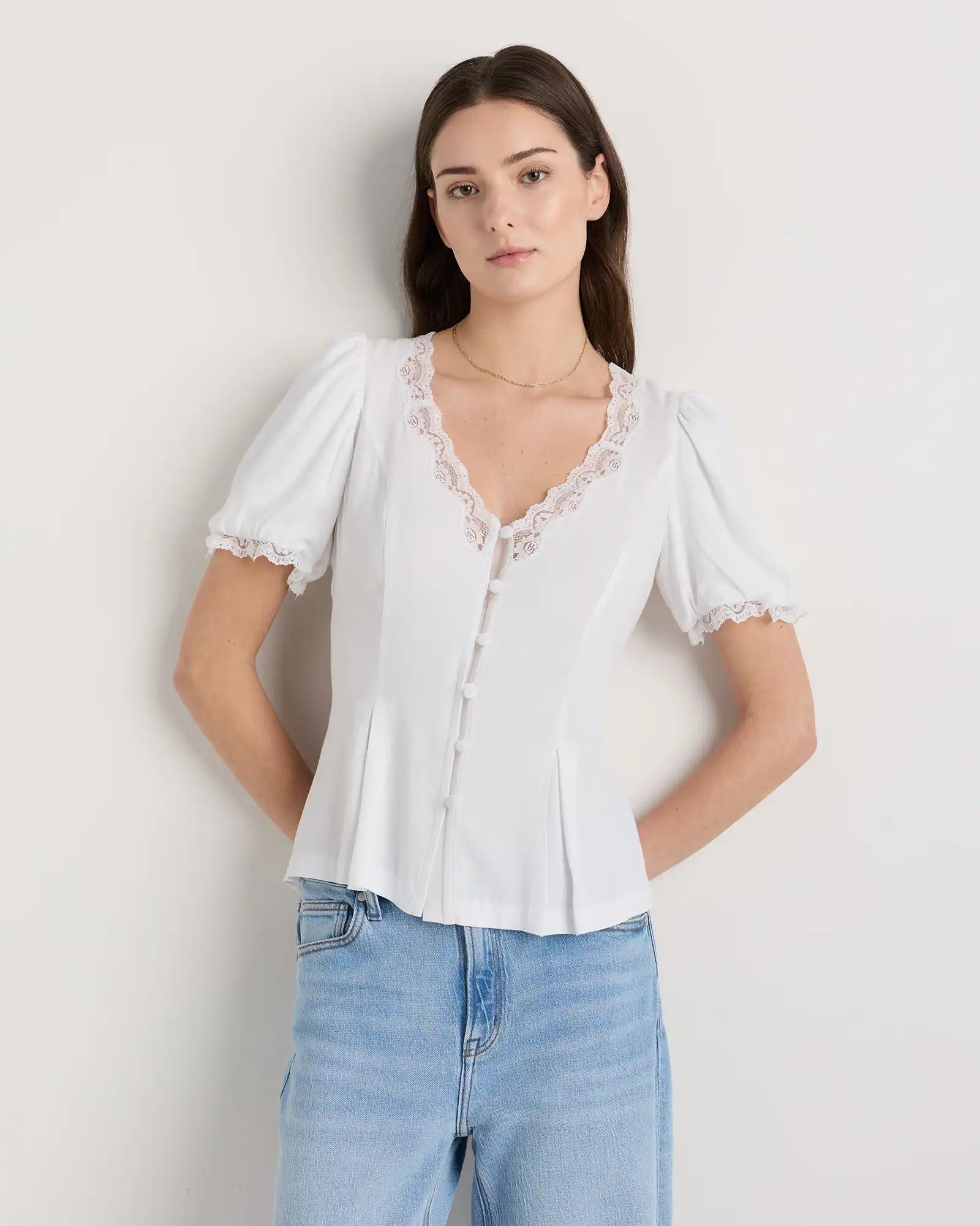 Lightweight Crepe Lace Puff Sleeve Blouse