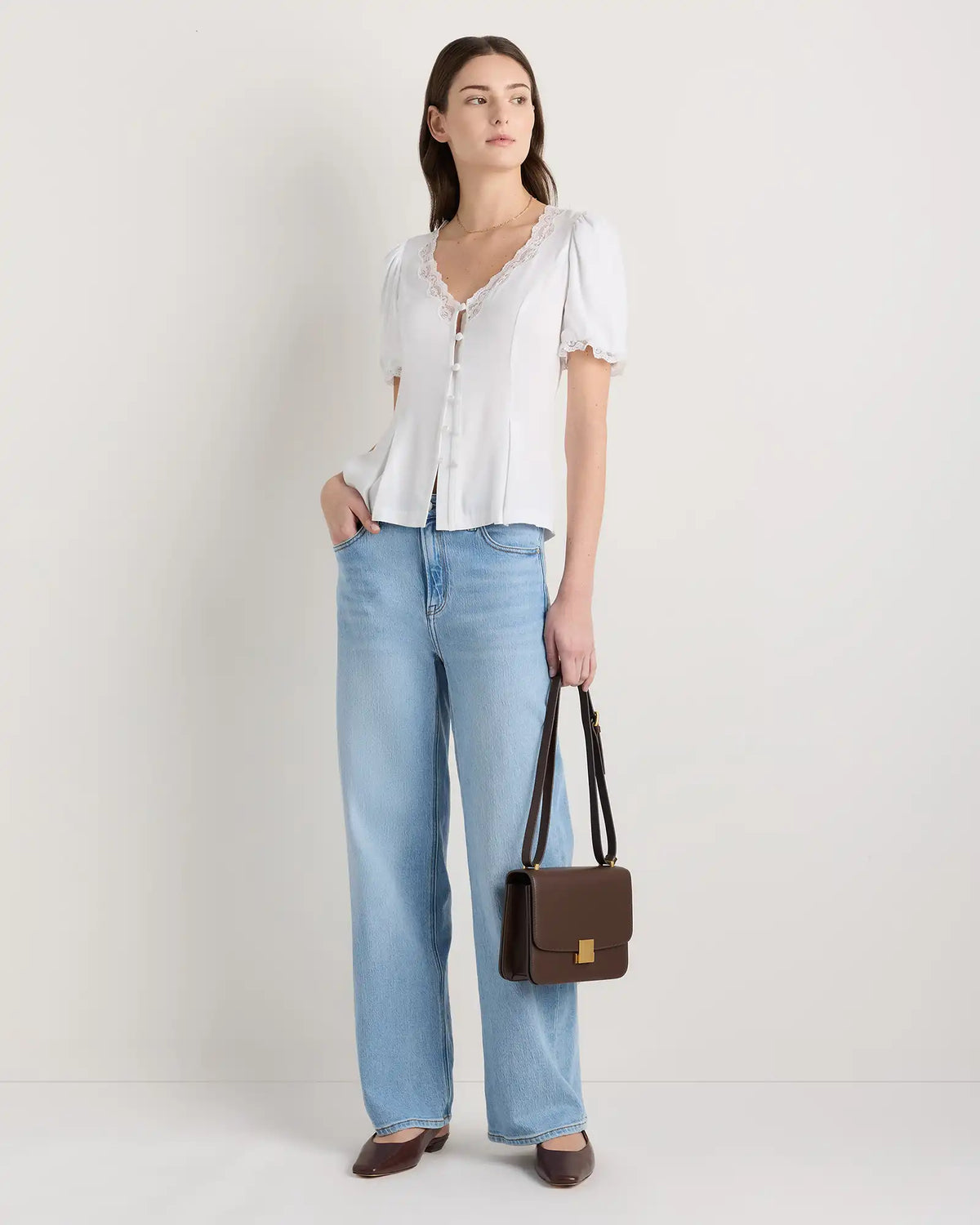 Lightweight Crepe Lace Puff Sleeve Blouse