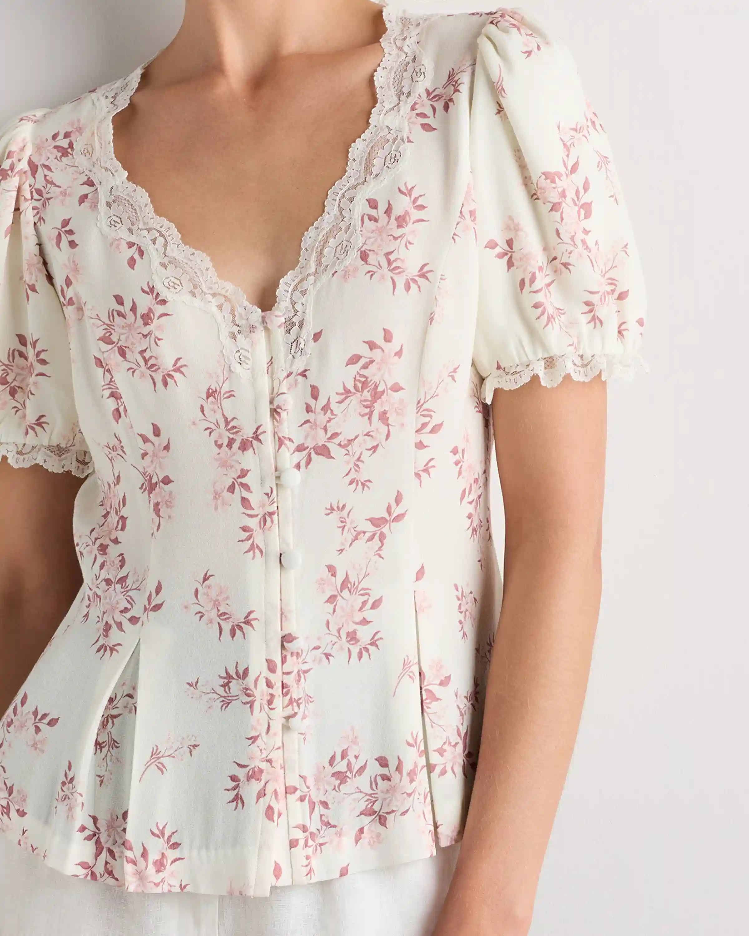 Lightweight Crepe Lace Puff Sleeve Blouse