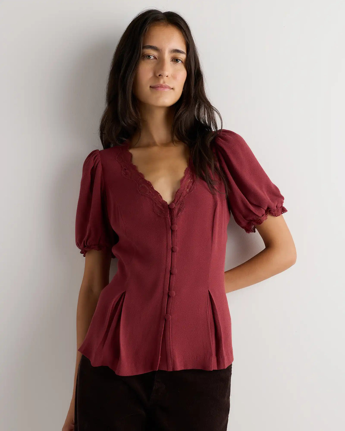 Lightweight Crepe Lace Puff Sleeve Blouse