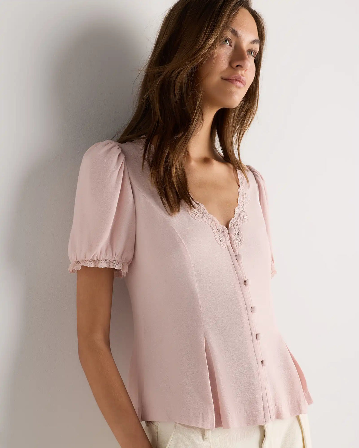 Lightweight Crepe Lace Puff Sleeve Blouse