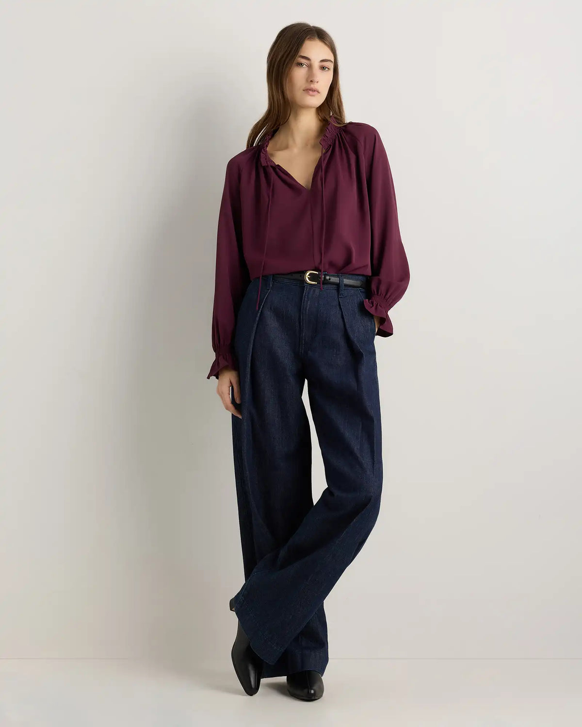 Drapey Chiffon Split Neck Long Sleeve Blouse