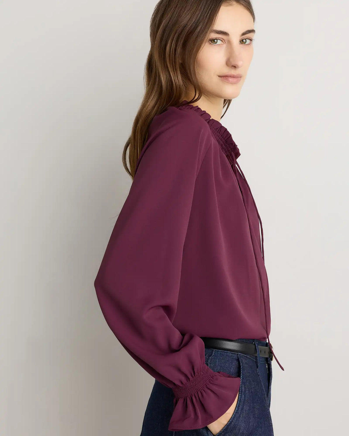 Drapey Chiffon Split Neck Long Sleeve Blouse