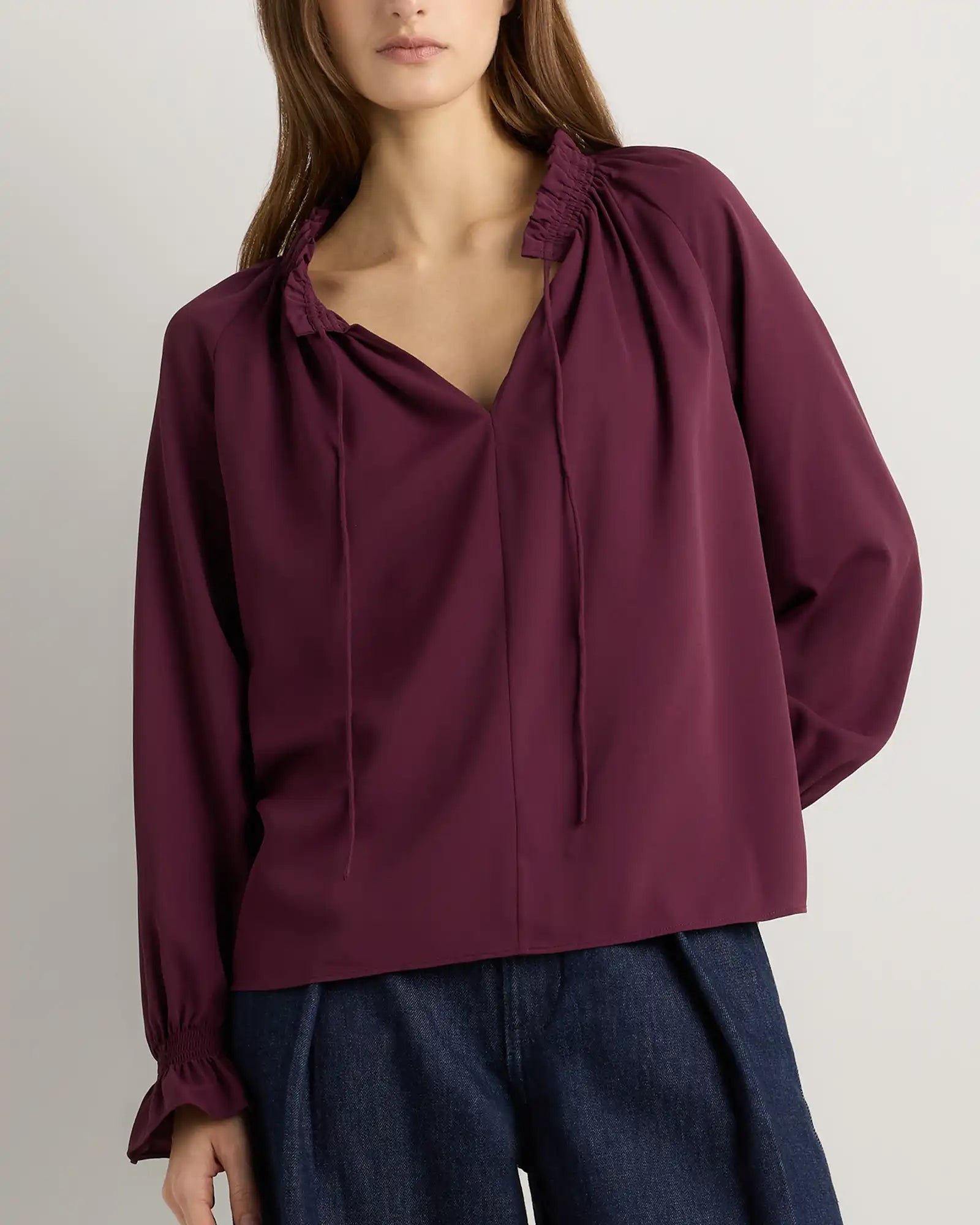 Drapey Chiffon Split Neck Long Sleeve Blouse