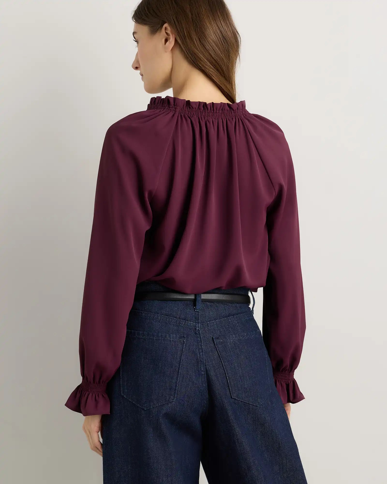 Drapey Chiffon Split Neck Long Sleeve Blouse