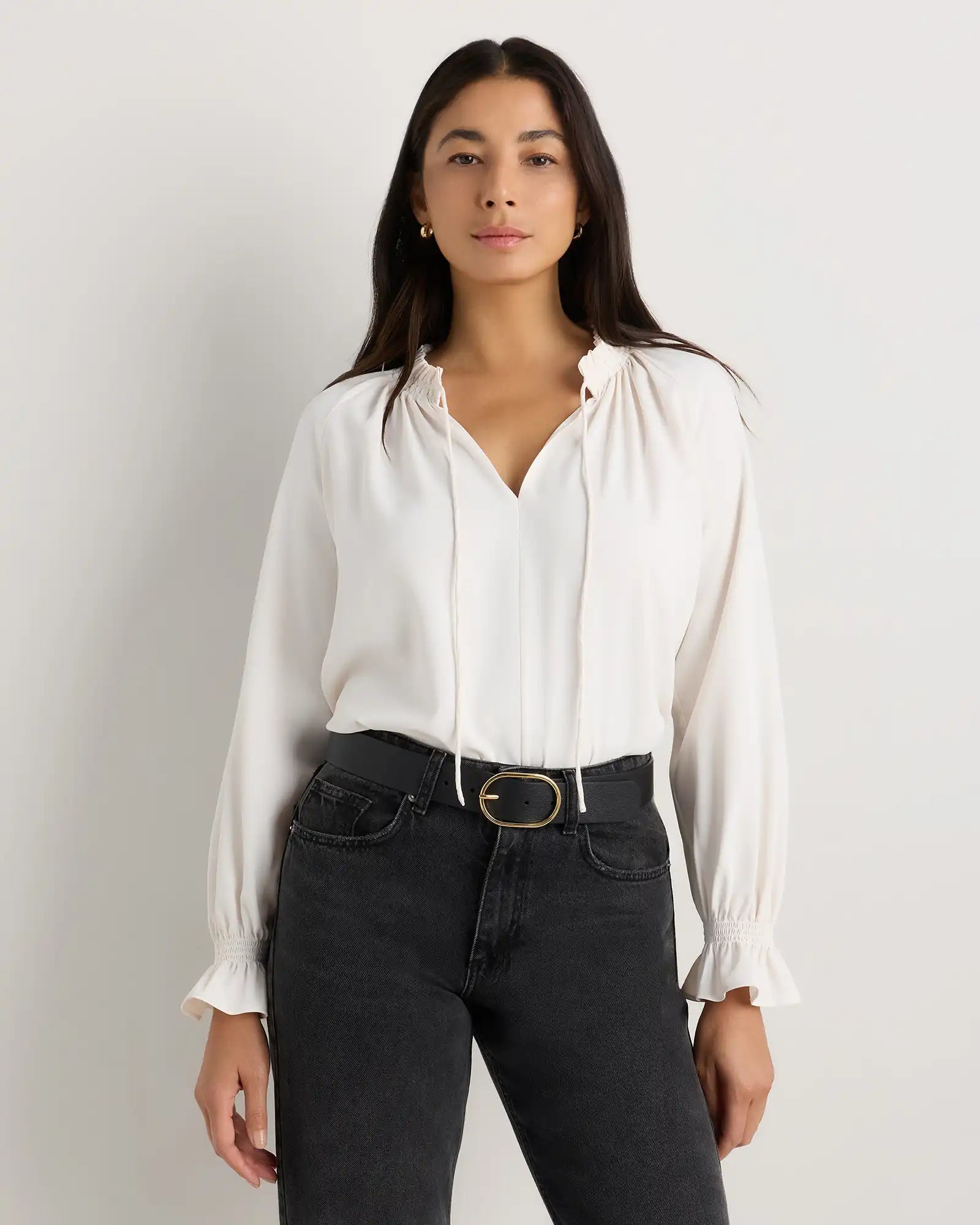 Drapey Chiffon Split Neck Long Sleeve Blouse