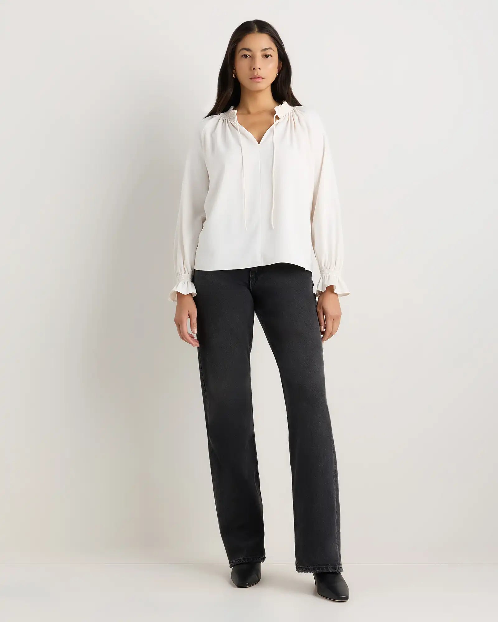 Drapey Chiffon Split Neck Long Sleeve Blouse