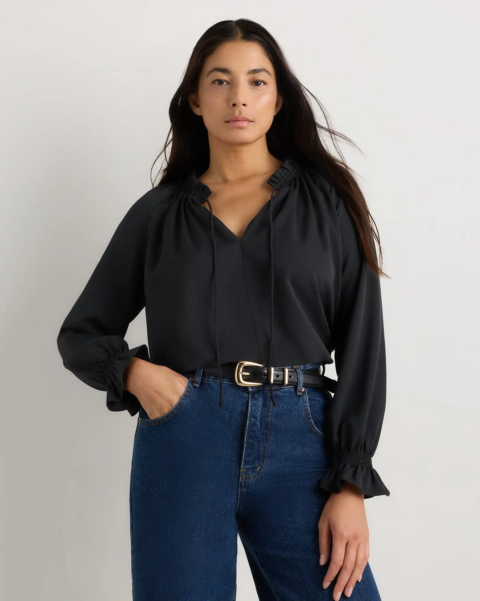 Drapey Chiffon Split Neck Long Sleeve Blouse