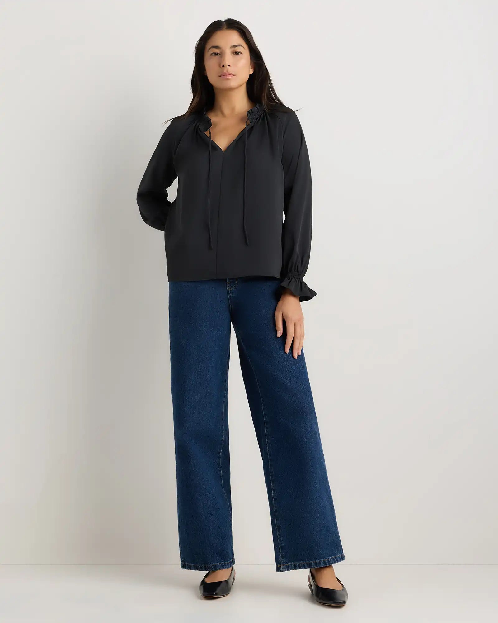 Drapey Chiffon Split Neck Long Sleeve Blouse