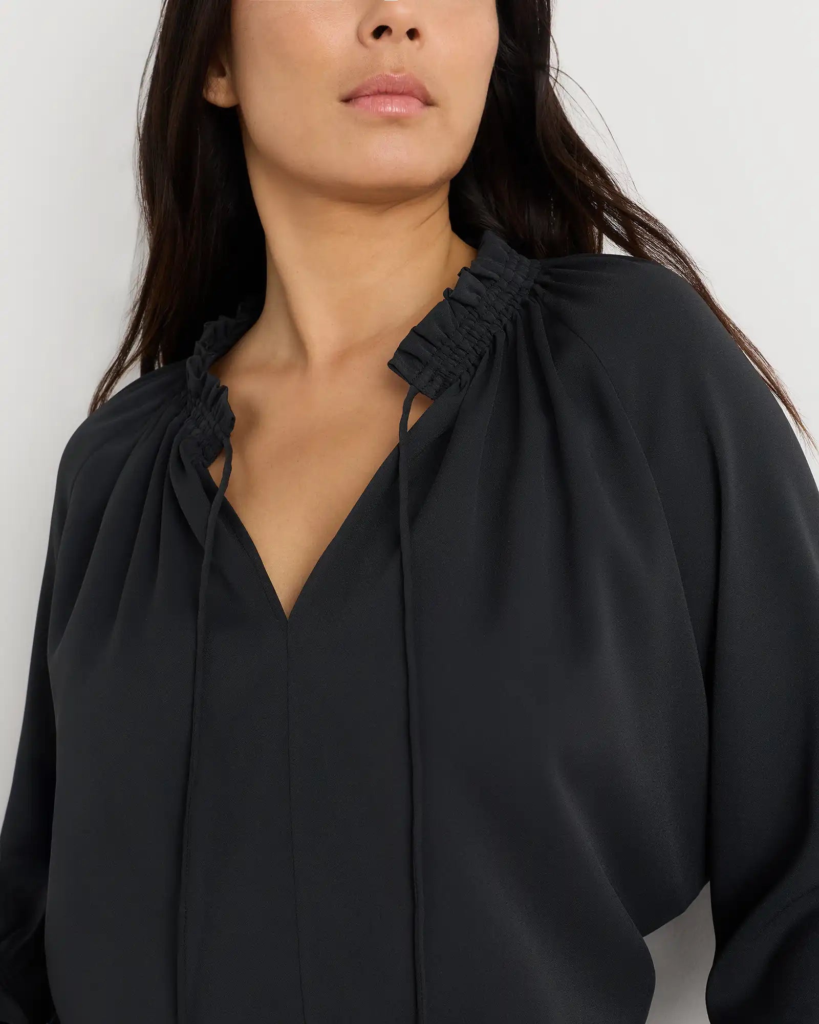 Drapey Chiffon Split Neck Long Sleeve Blouse