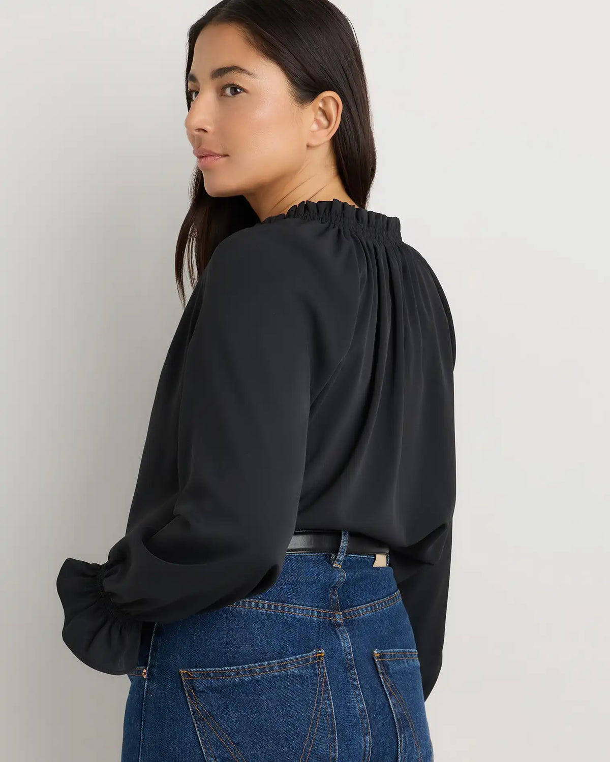 Drapey Chiffon Split Neck Long Sleeve Blouse