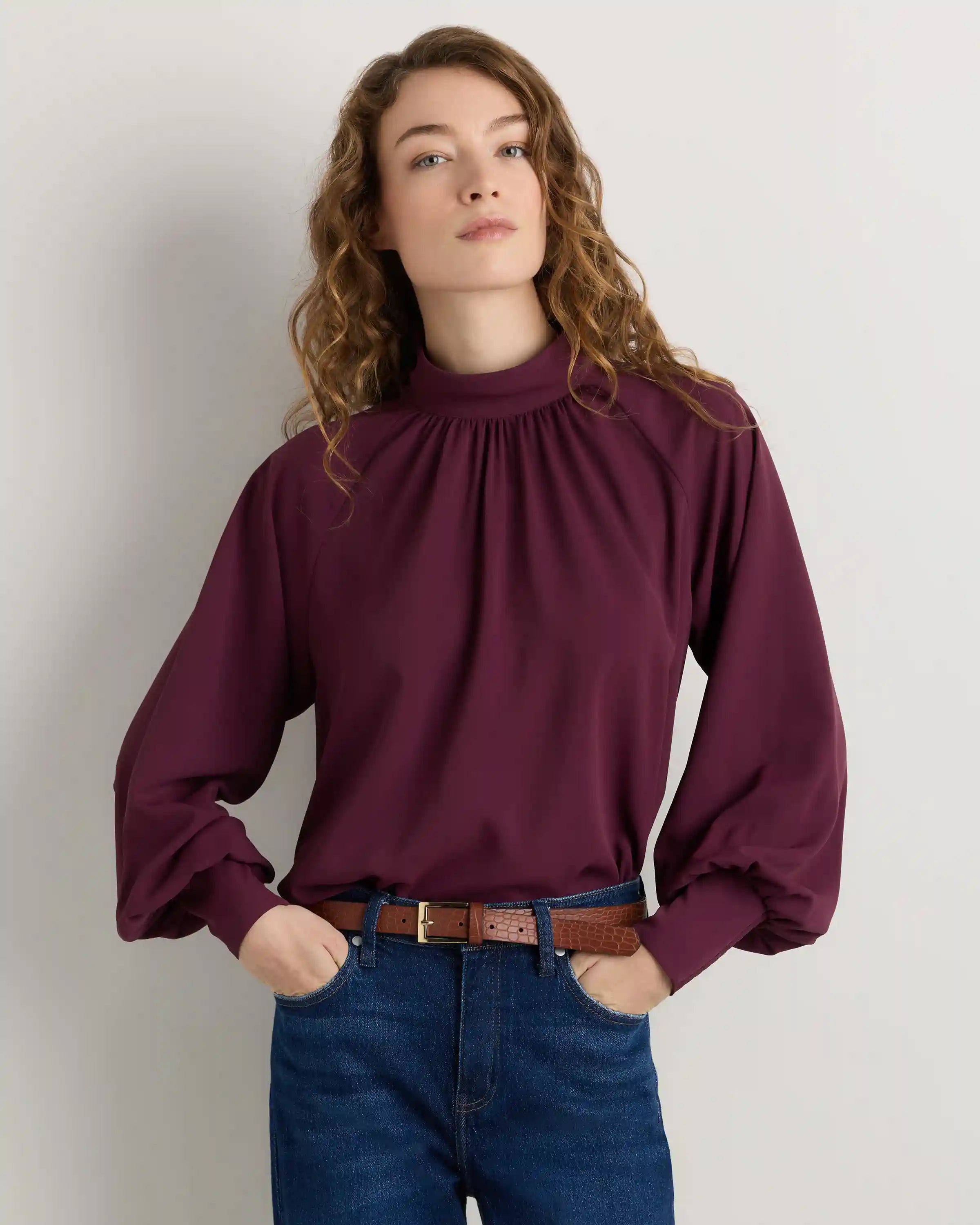 Drapey Chiffon Mock Neck Long Sleeve Blouse