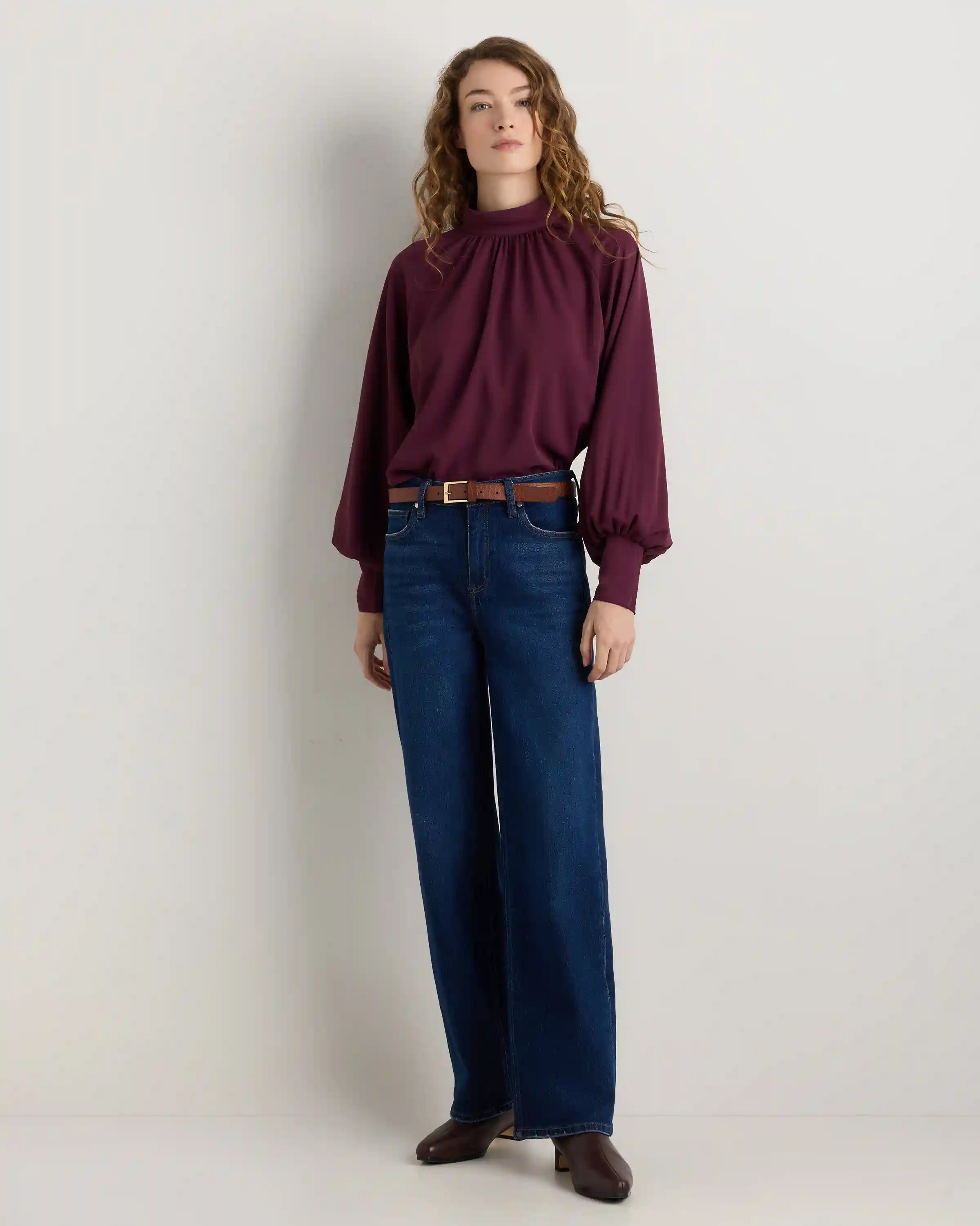 Drapey Chiffon Mock Neck Long Sleeve Blouse