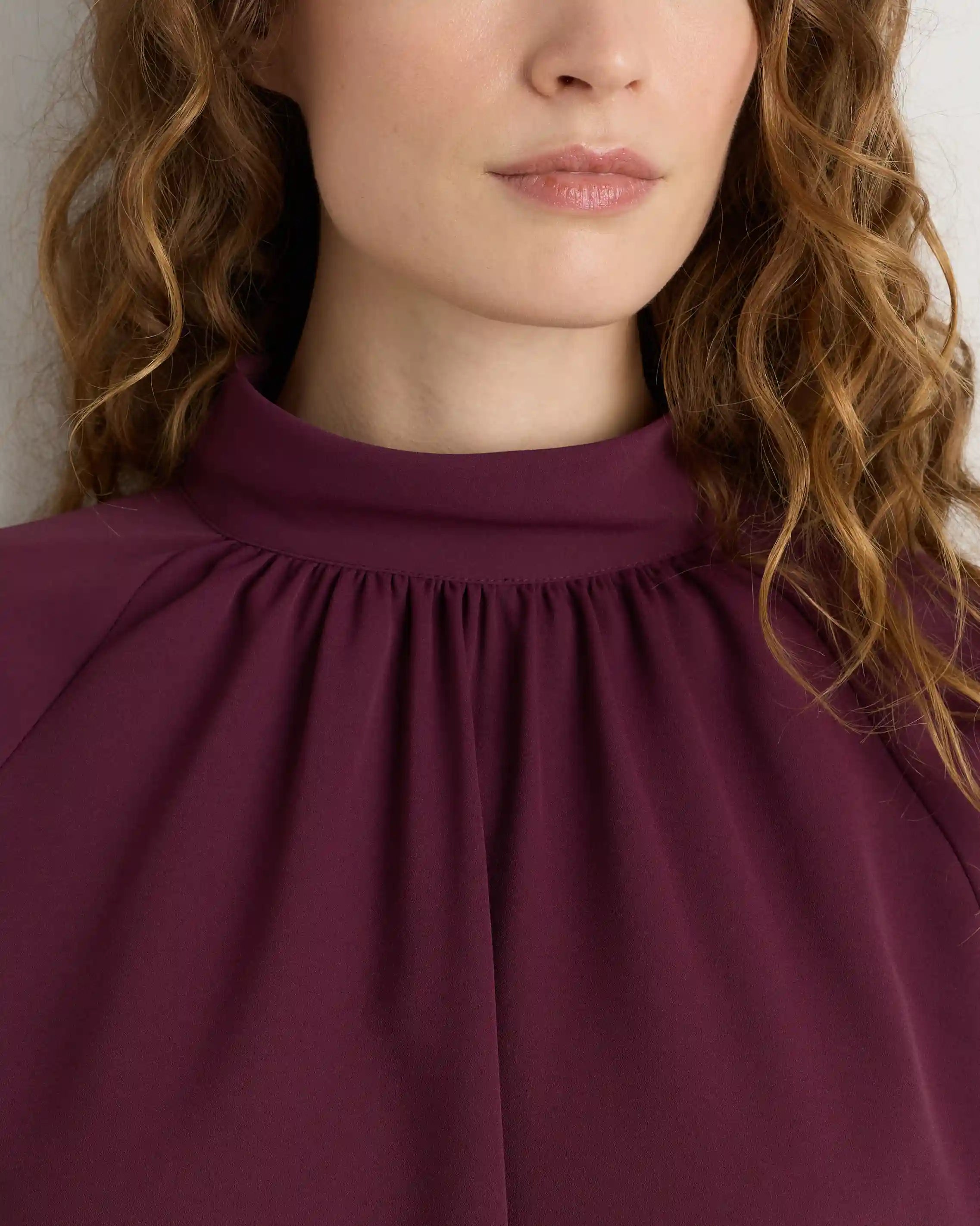 Drapey Chiffon Mock Neck Long Sleeve Blouse