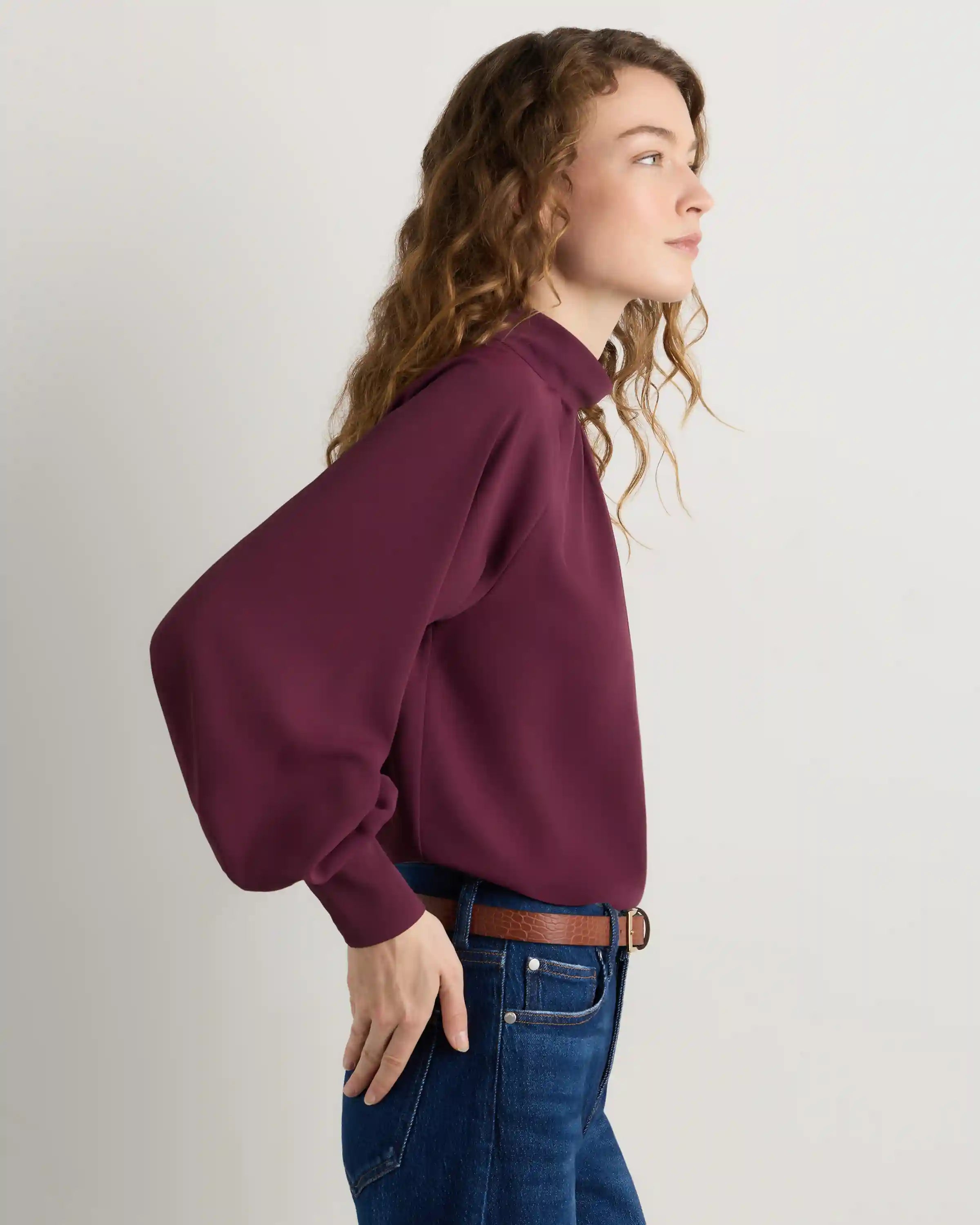 Drapey Chiffon Mock Neck Long Sleeve Blouse