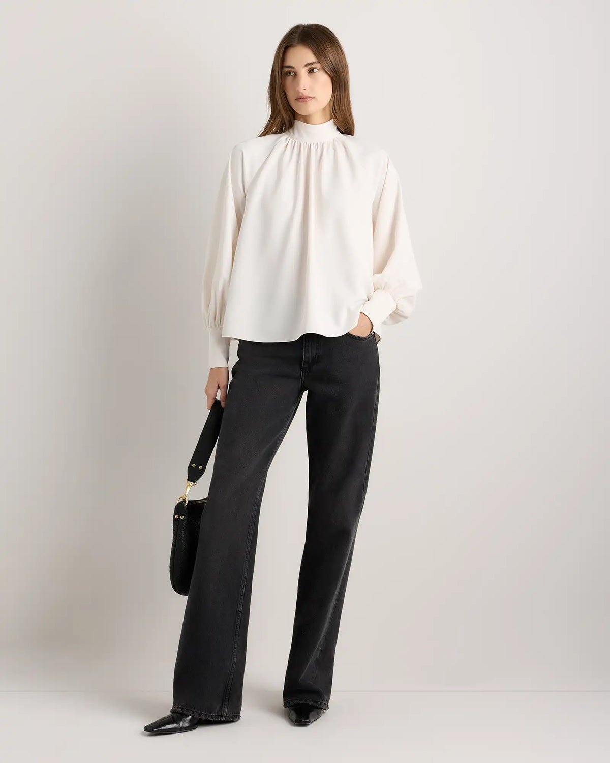 Drapey Chiffon Mock Neck Long Sleeve Blouse