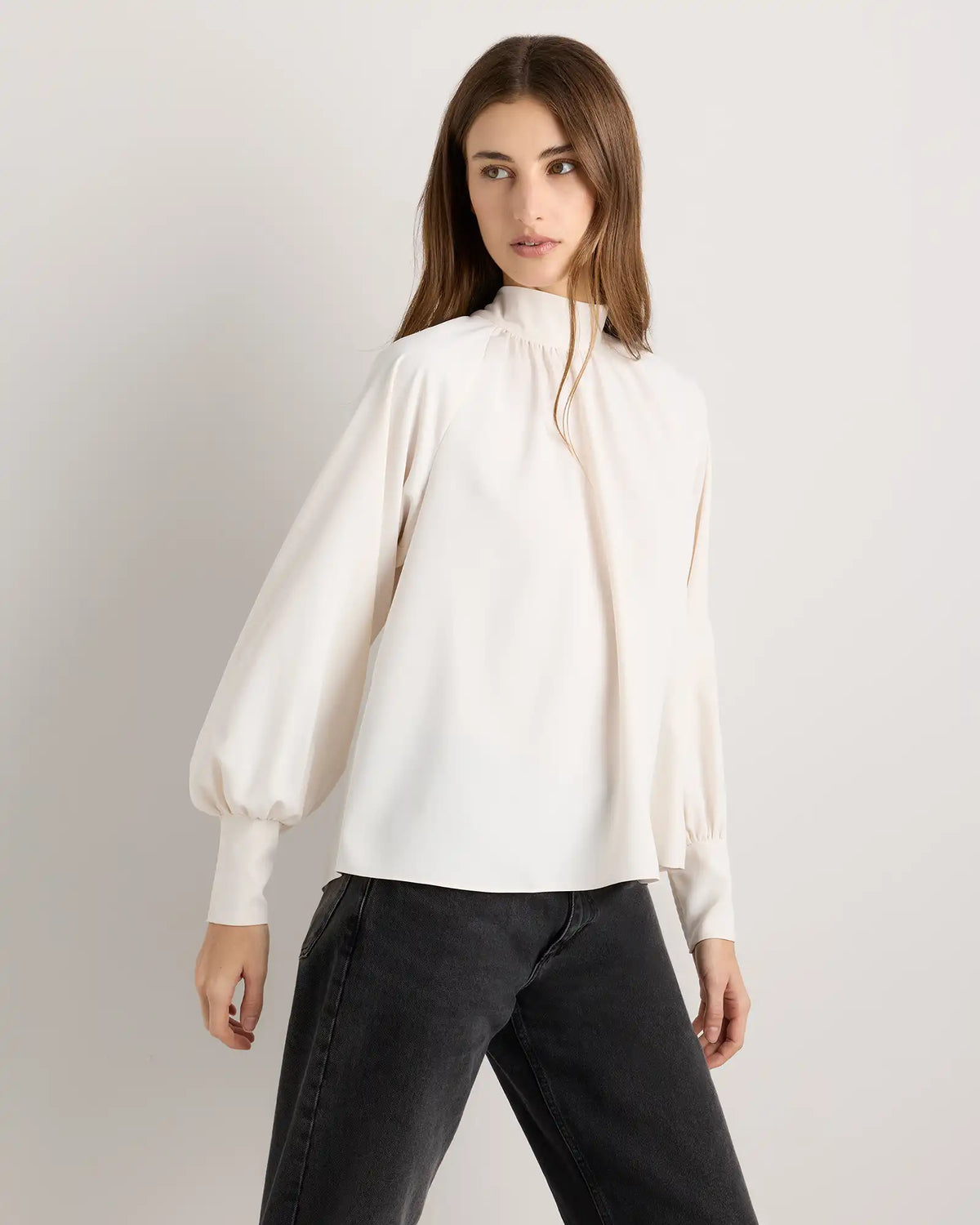 Drapey Chiffon Mock Neck Long Sleeve Blouse
