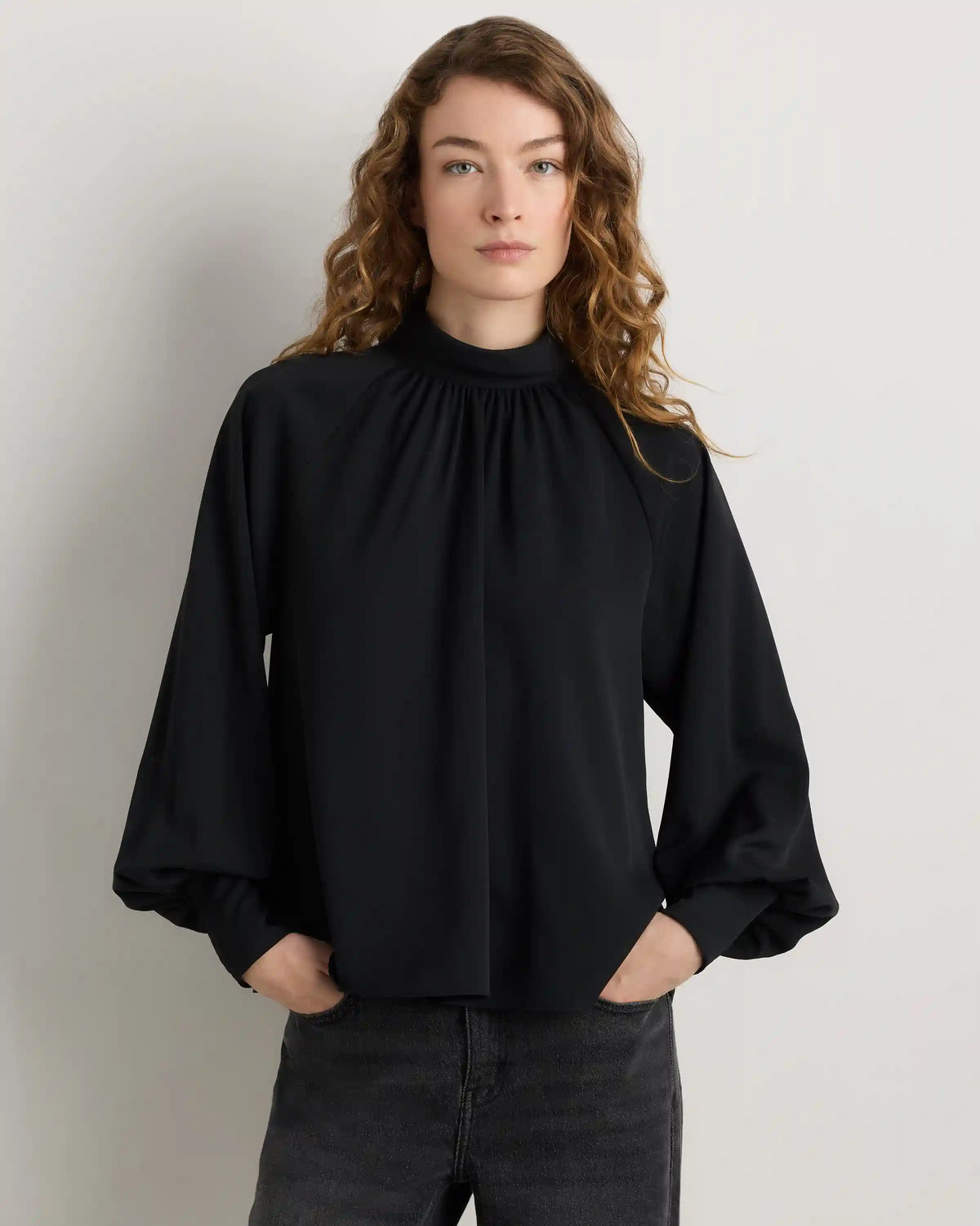 Drapey Chiffon Mock Neck Long Sleeve Blouse