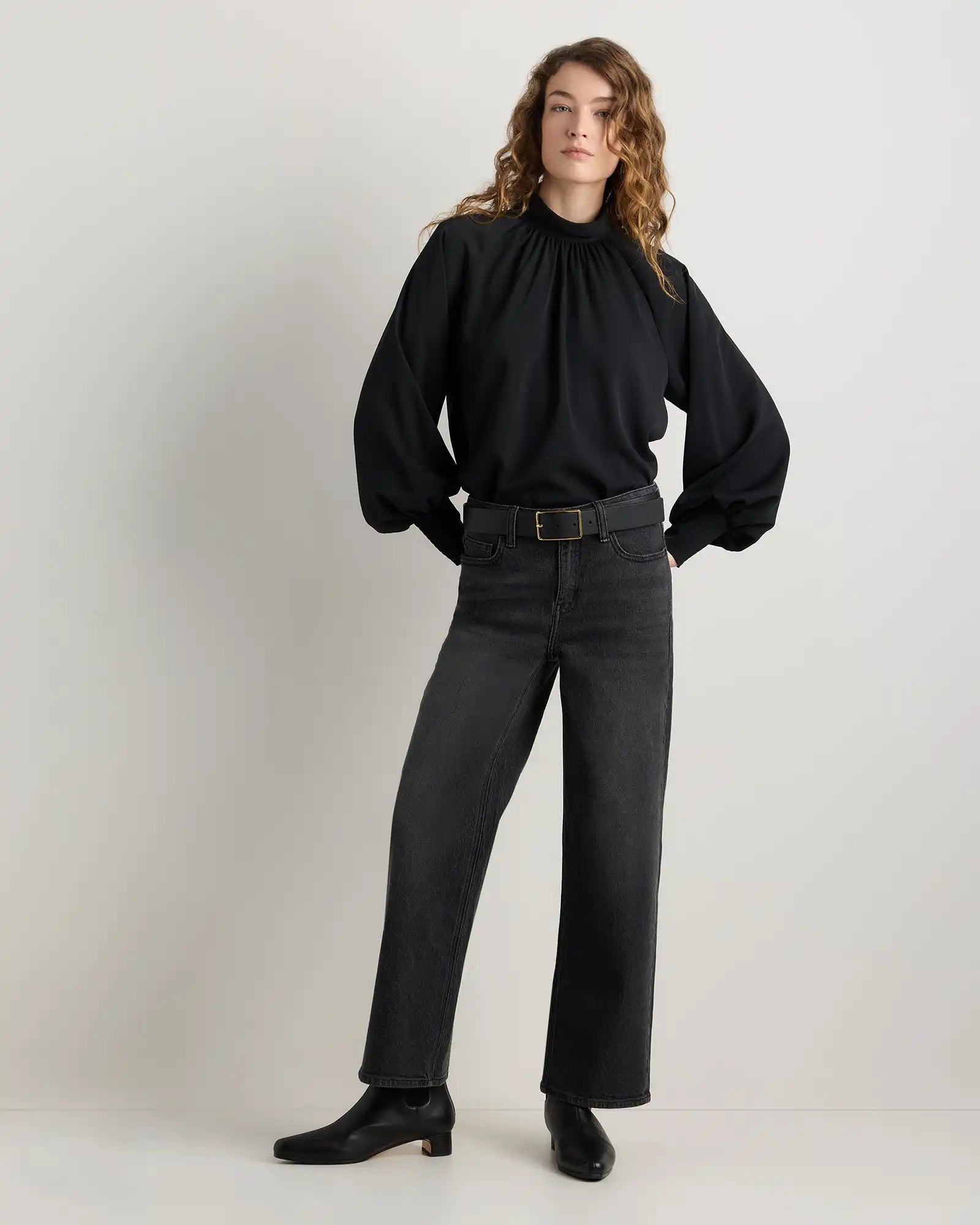 Drapey Chiffon Mock Neck Long Sleeve Blouse