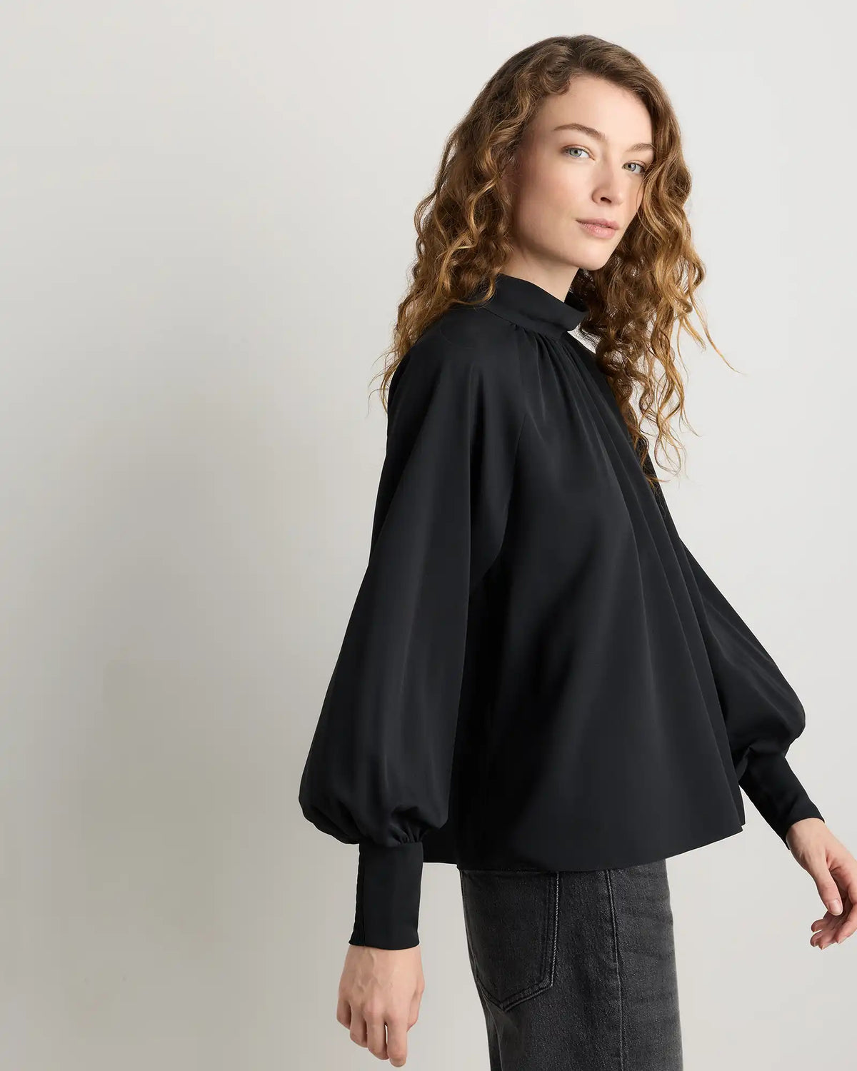 Drapey Chiffon Mock Neck Long Sleeve Blouse