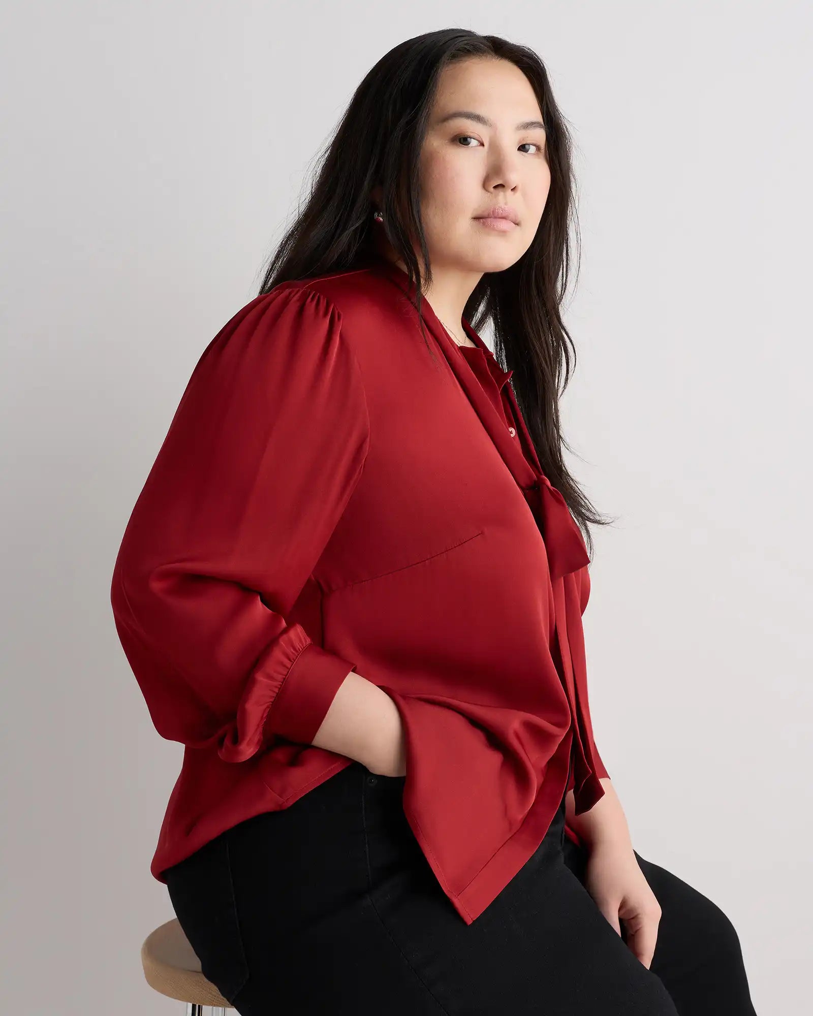 Washable Stretch Silk Tie Neck Blouse