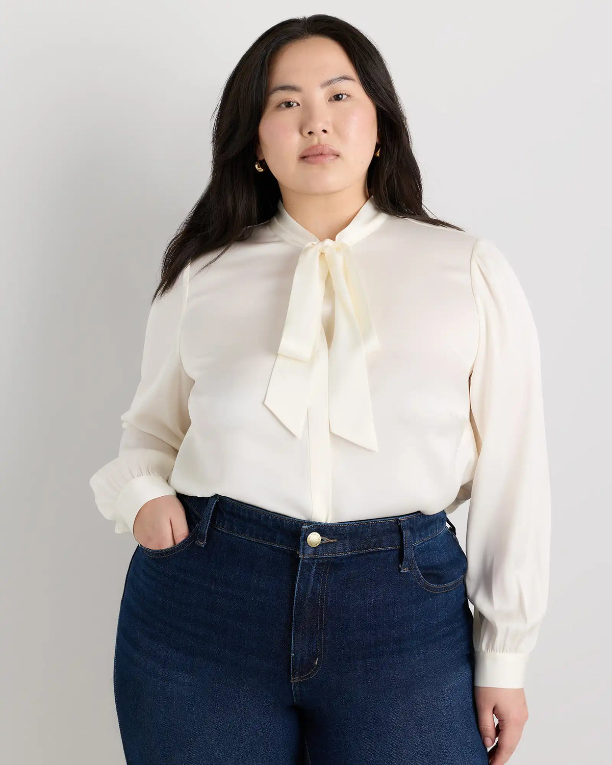 Washable Stretch Silk Tie Neck Blouse