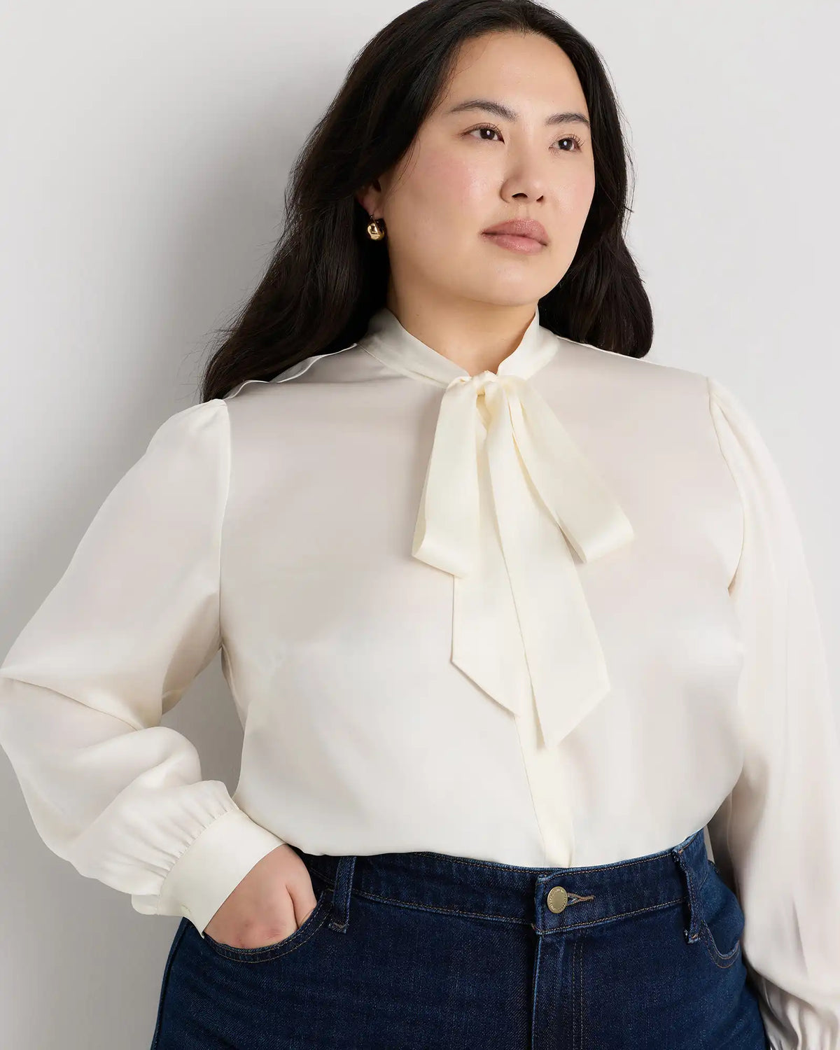 Washable Stretch Silk Tie Neck Blouse