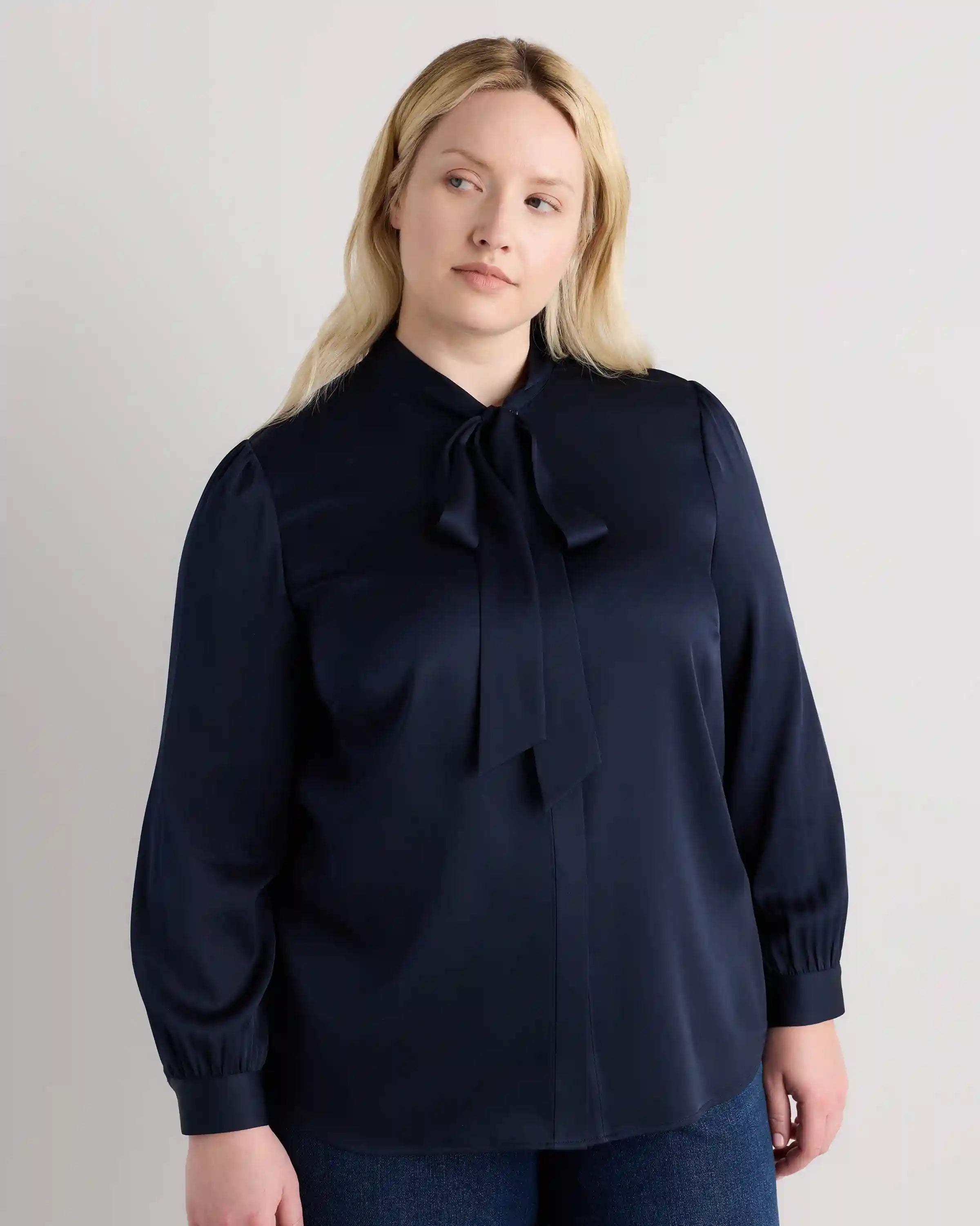 Washable Stretch Silk Tie Neck Blouse