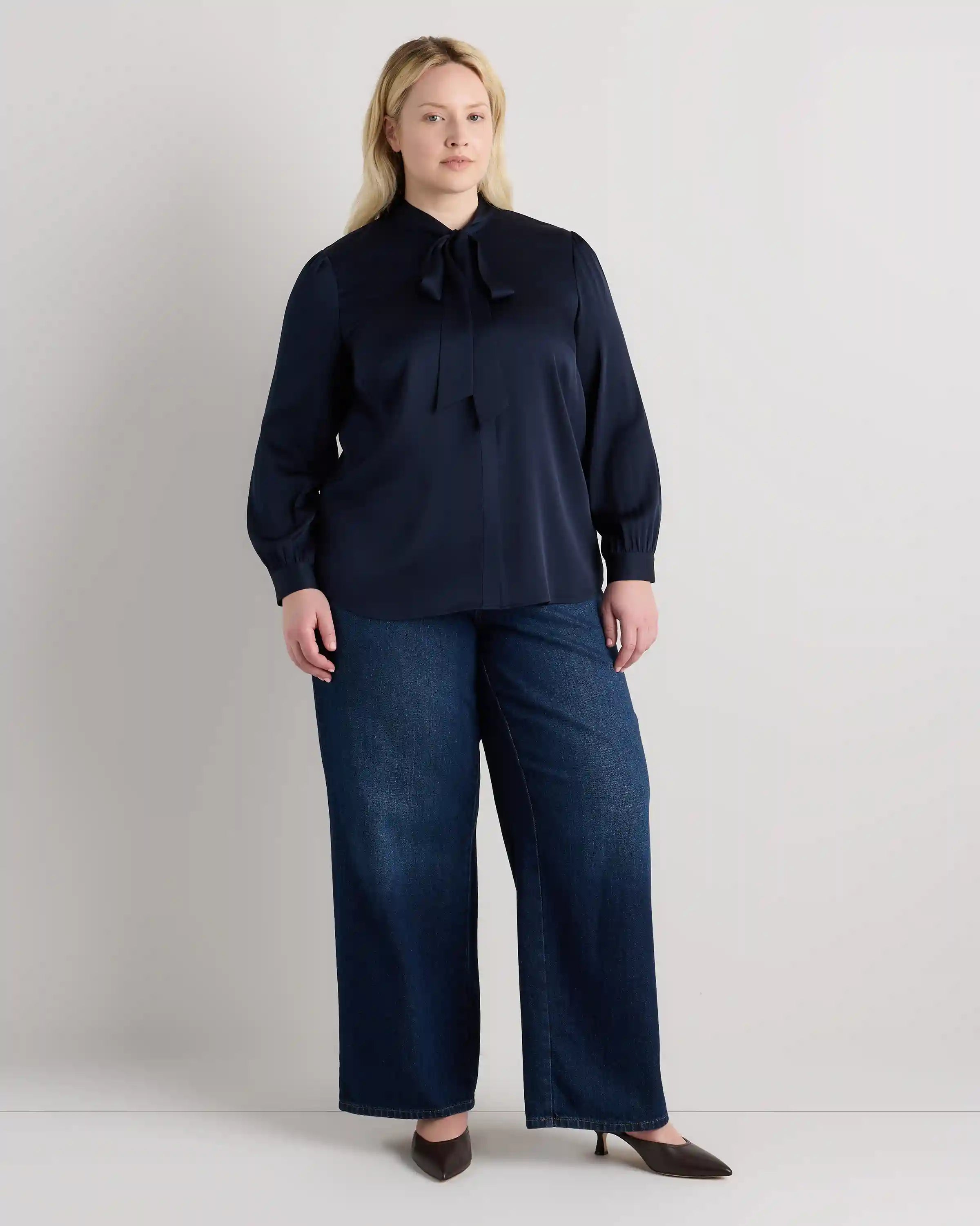 Washable Stretch Silk Tie Neck Blouse