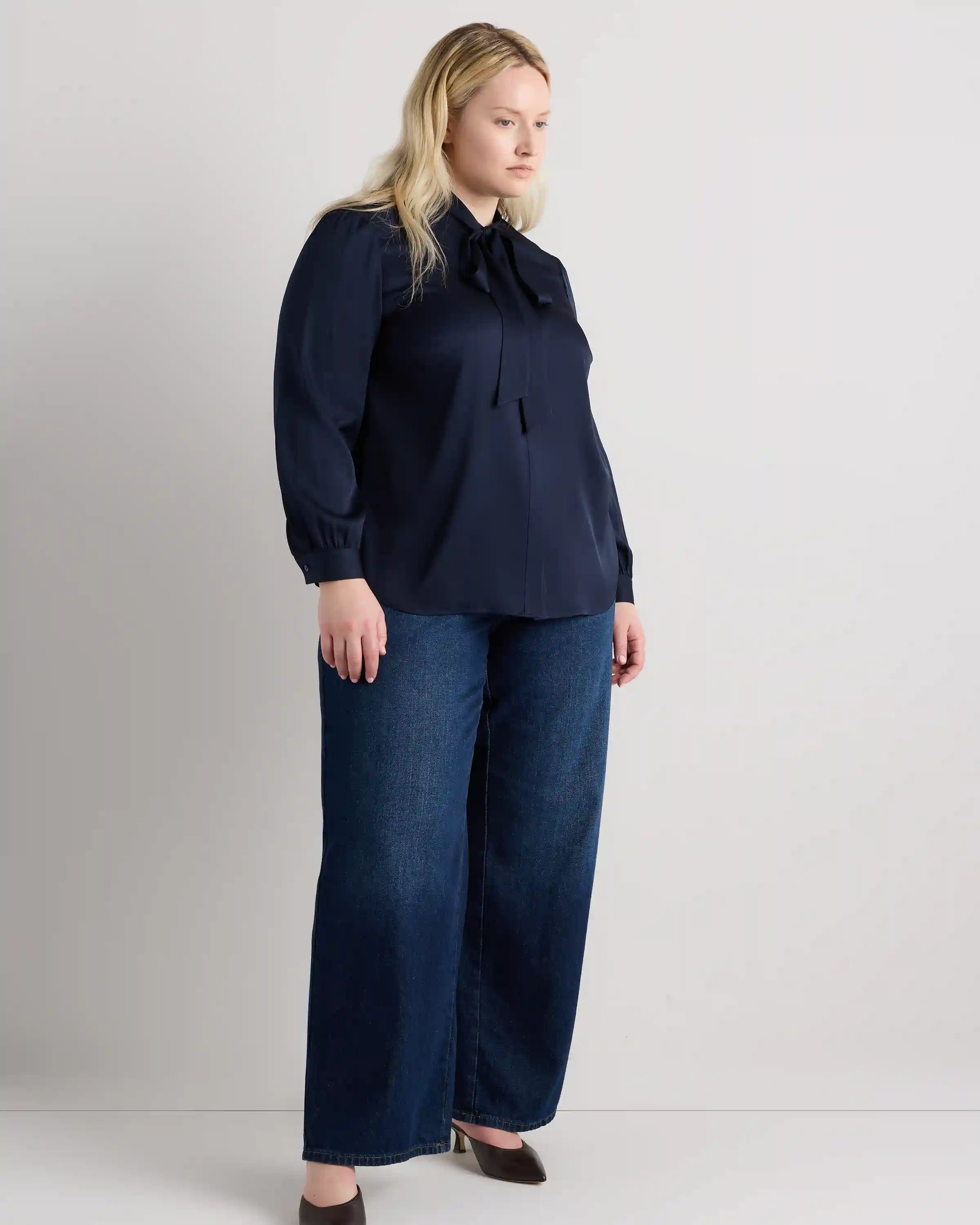 Washable Stretch Silk Tie Neck Blouse