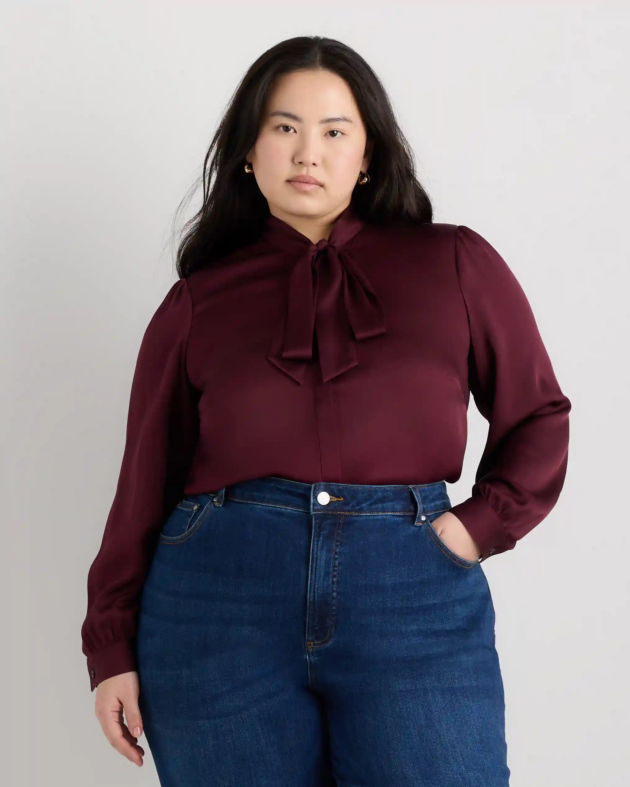 Washable Stretch Silk Tie Neck Blouse