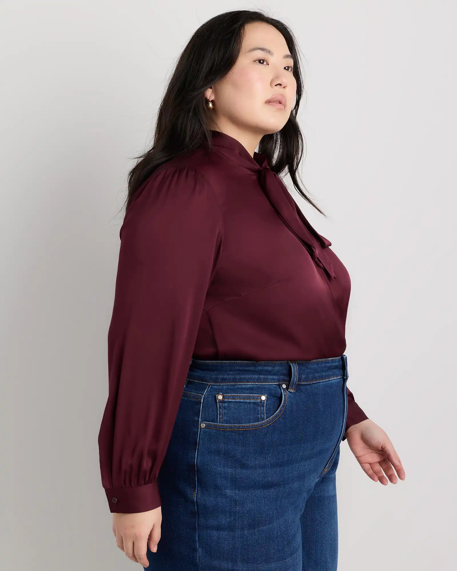 Washable Stretch Silk Tie Neck Blouse
