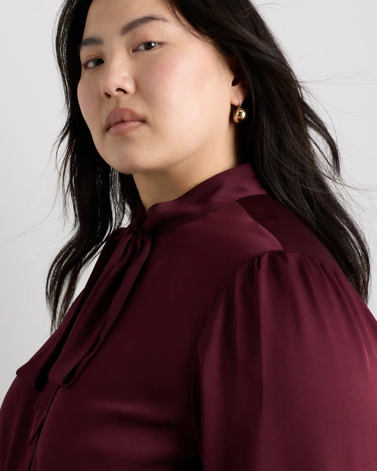 Washable Stretch Silk Tie Neck Blouse