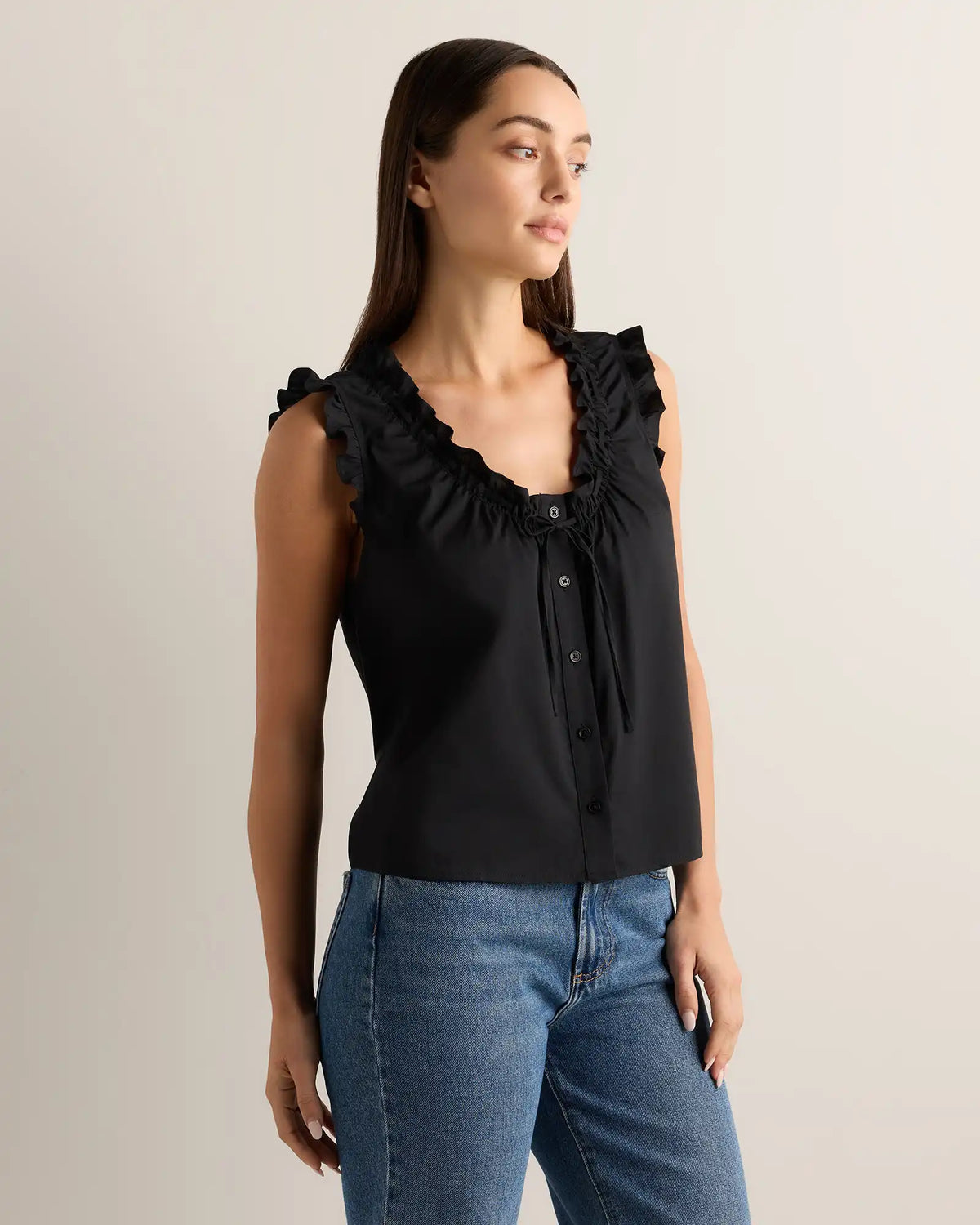 Cotton Viscose Voile Ruffle Trim Tank