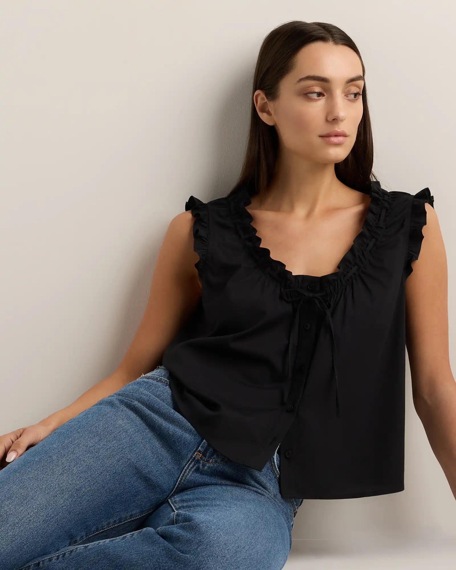 Cotton Viscose Voile Ruffle Trim Tank
