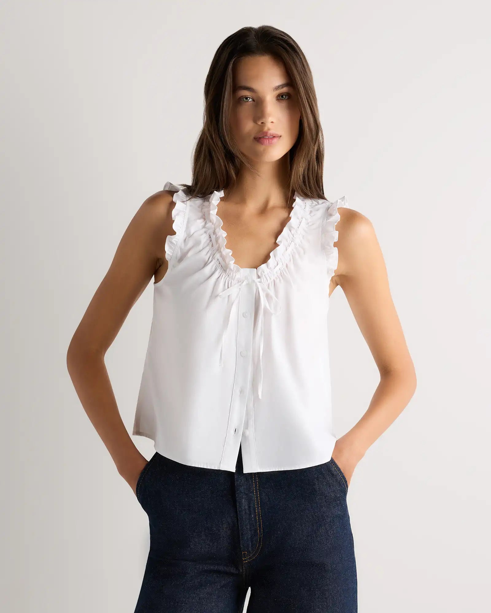 Cotton Viscose Voile Ruffle Trim Tank