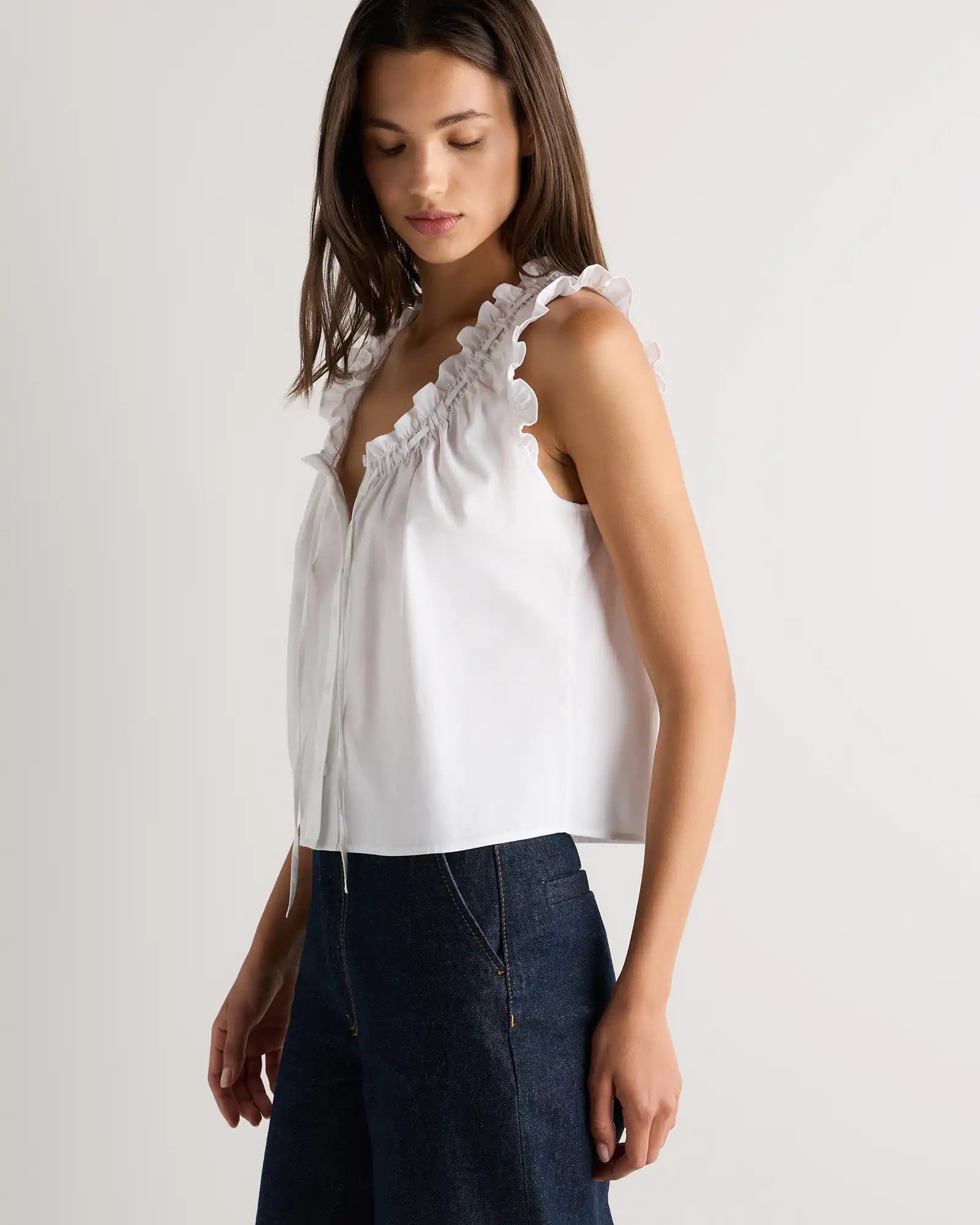 Cotton Viscose Voile Ruffle Trim Tank