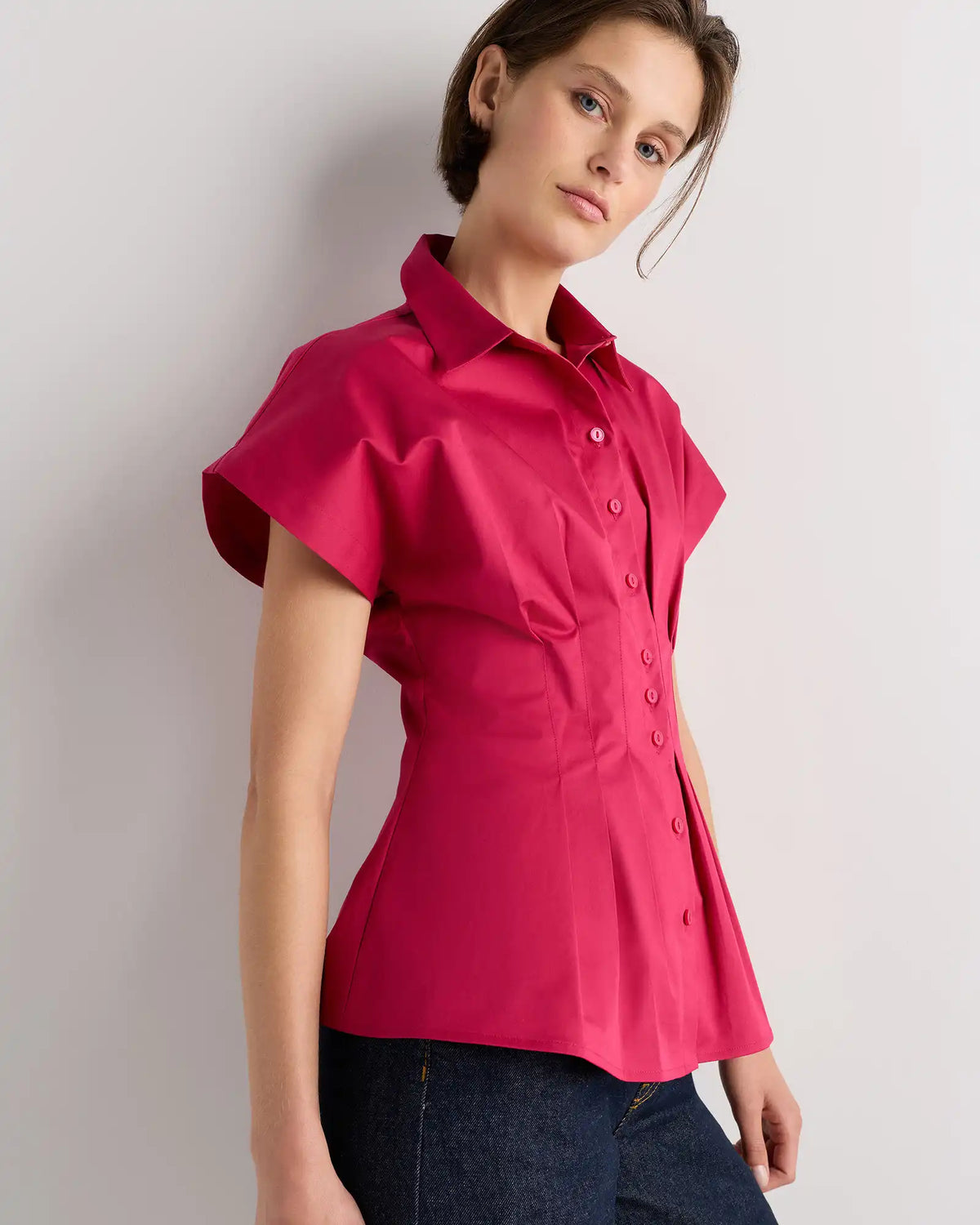 Stretch Twill Pleated Short Sleeve Shirt