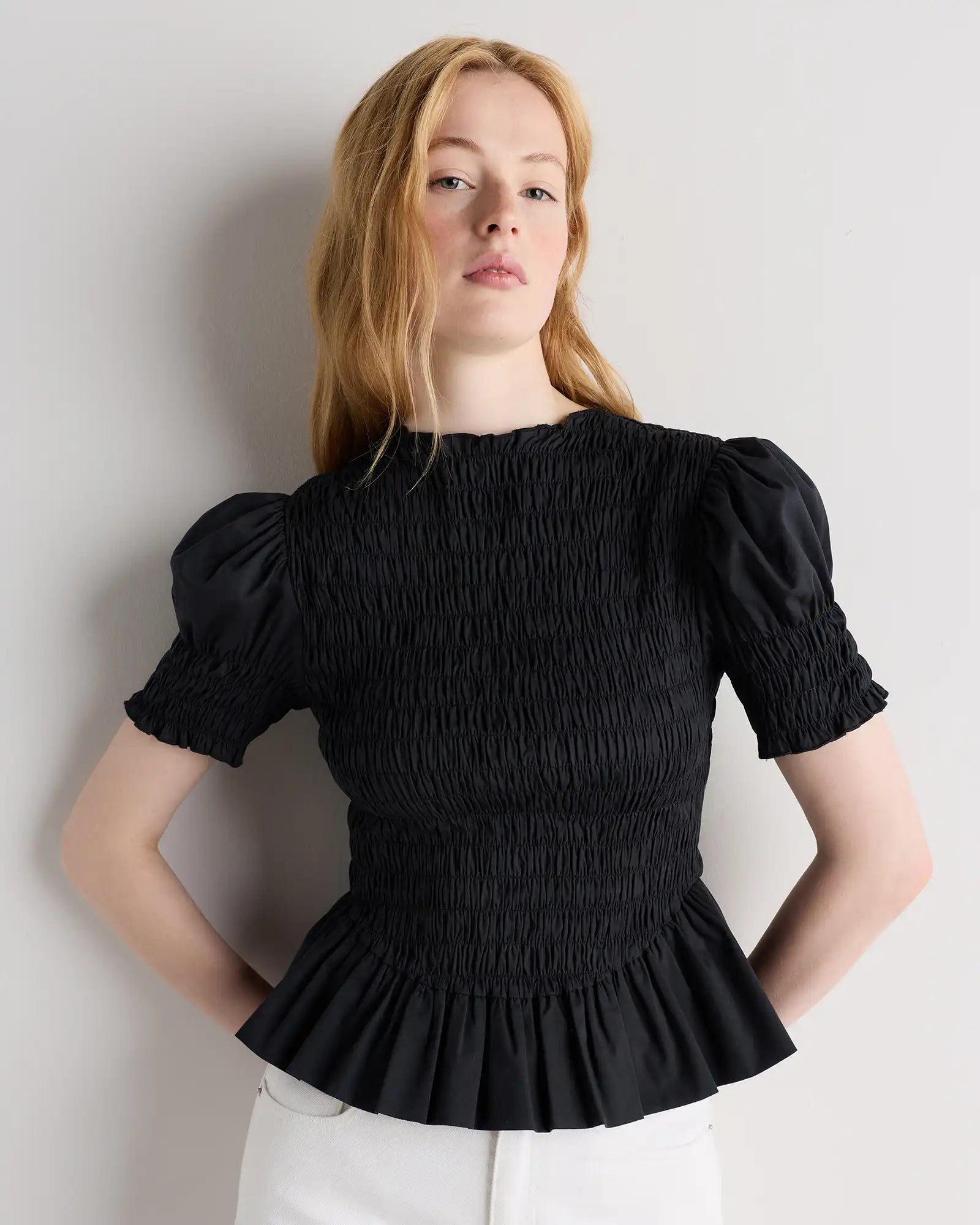 Cotton Viscose Voile Smocked Peplum Top