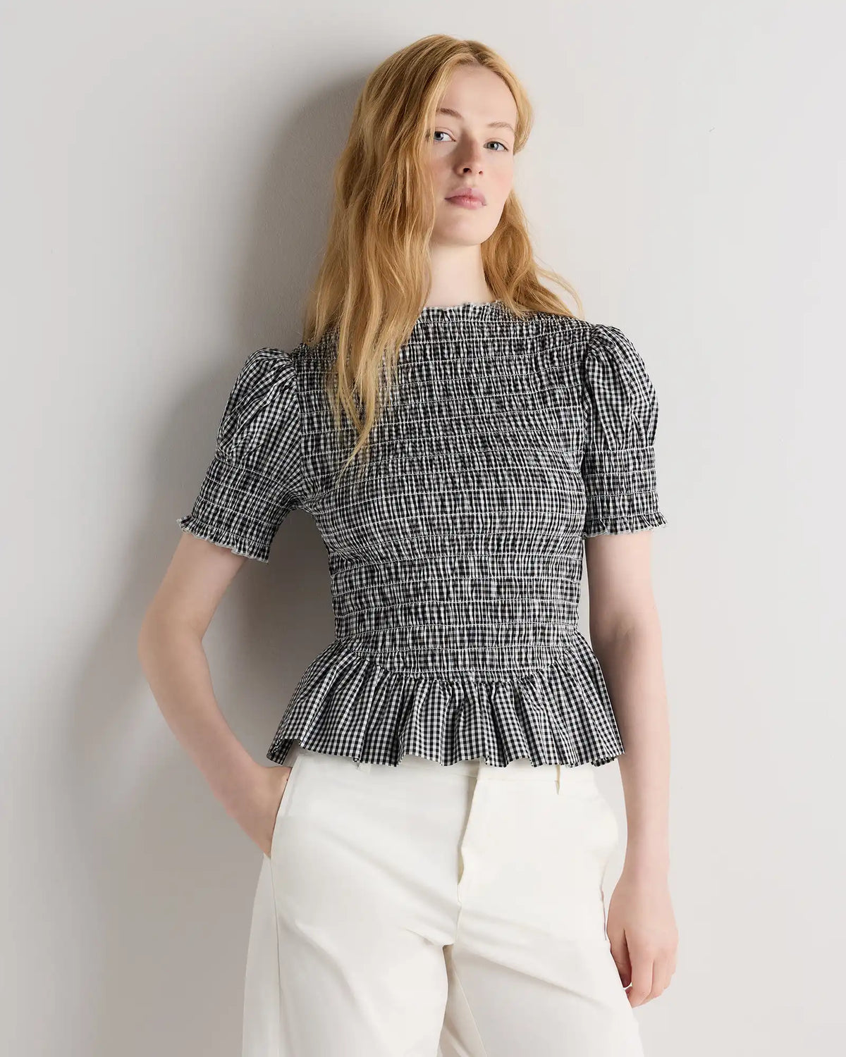 Cotton Viscose Voile Smocked Peplum Top