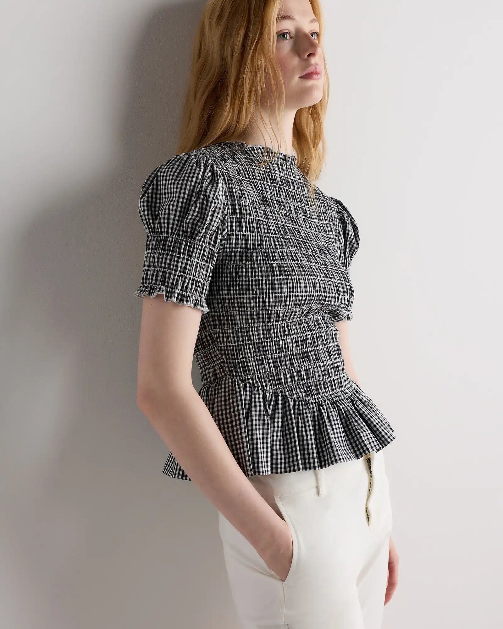 Cotton Viscose Voile Smocked Peplum Top