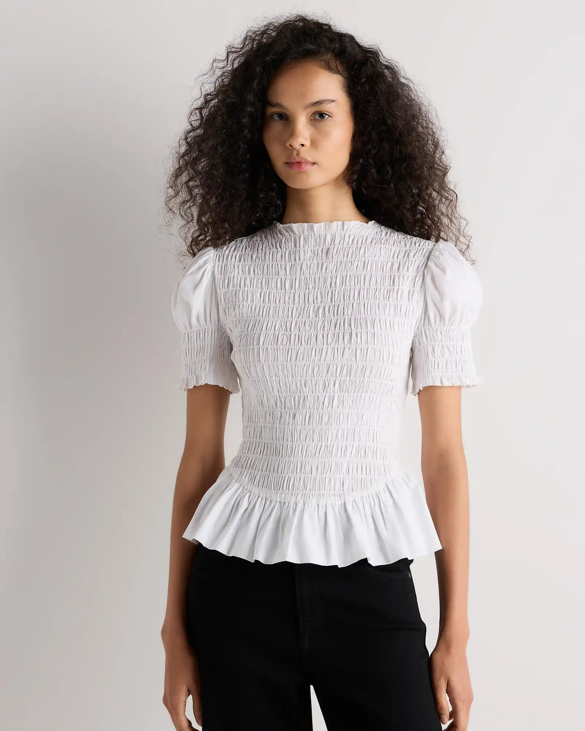 Cotton Viscose Voile Smocked Peplum Top